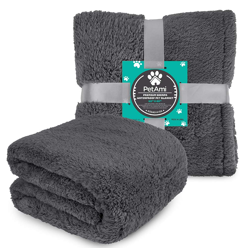 PetAmi Waterproof Dog Blanket - Soft Fleece Throw for Large Dogs & Cats | Cozy Sherpa Sofa Protector for Home & Travel (Grey, 60x80)