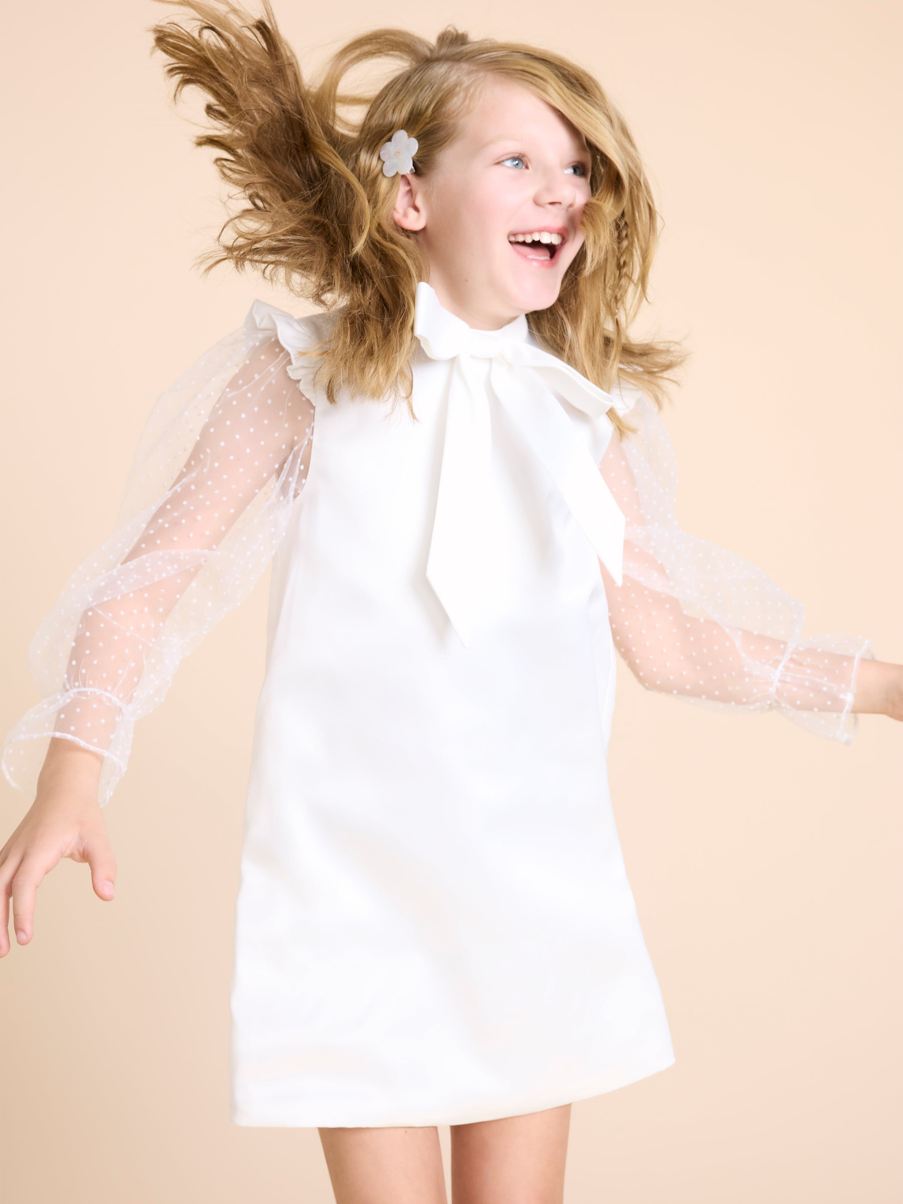 BCBG Girls Flocked Spot Sleeve Dress - White Floral Party Dress for Kids, Birthday, Easter & Special Occasions