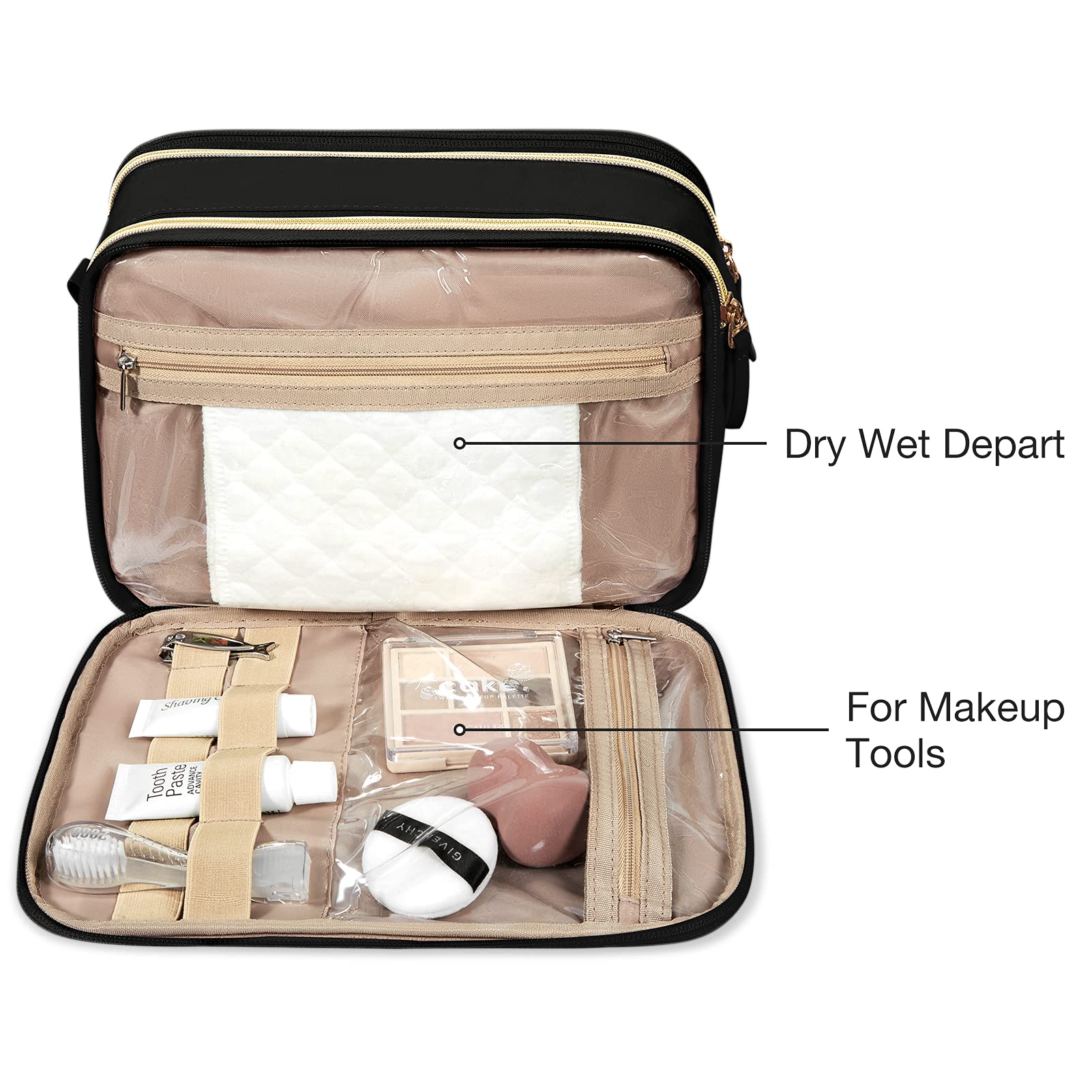 BAGSMART Large Water-resistant Toiletry Bag for Women - Travel Makeup Cosmetic Organizer with Multiple Pockets for Accessories, Shampoo, Toiletries (Medium, Black) | Perfect for Vacation, Gym, Business Trips & Daily Essentials Storage