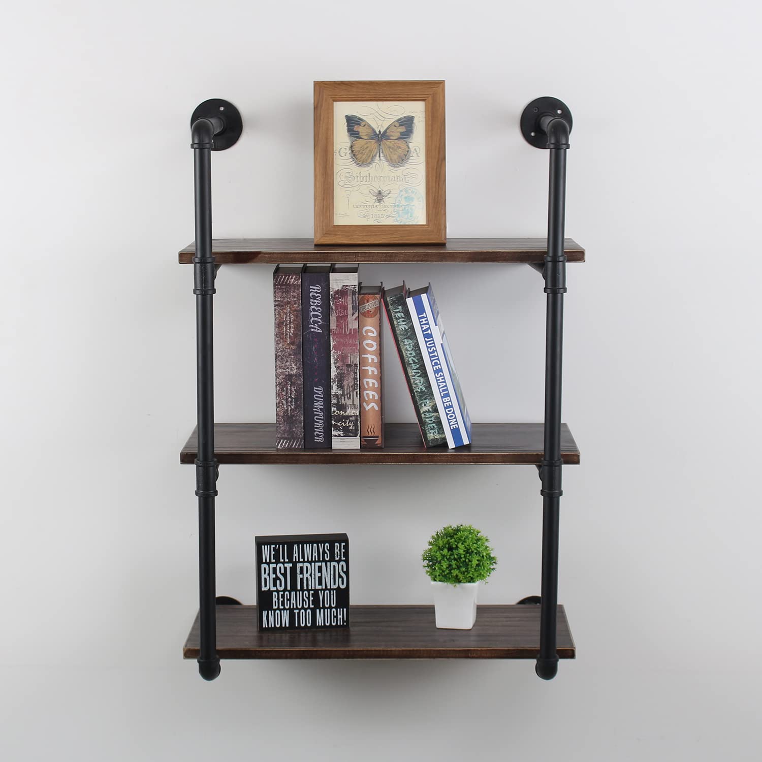 **MBQQ Industrial Retro Pipe Shelf - 24in 3 Tier Wall Mounted, Rustic Floating Shelves for Farmhouse Kitchen, Bar & Home Decor | DIY Bookshelf & Hanging Wall Shelves in Black | Perfect for Vintage Style Living Room, Bedroom & Office**