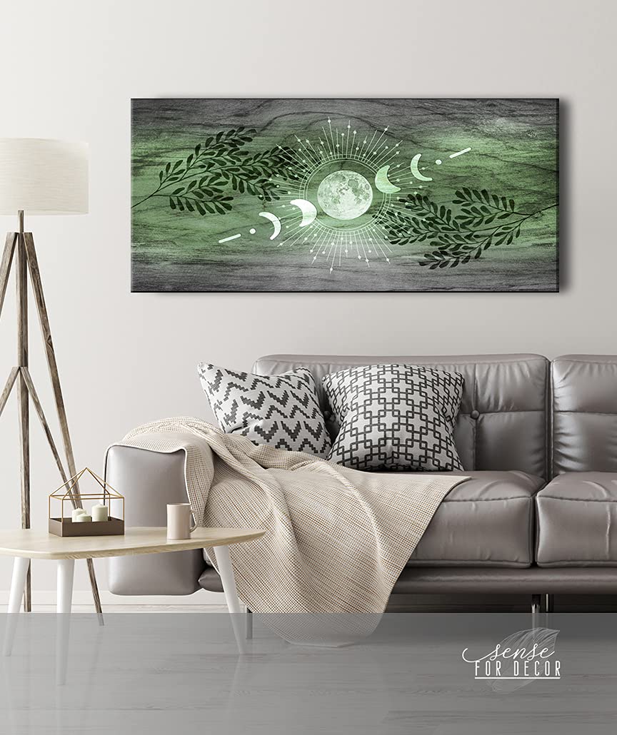 Boho Moon Phases Framed Large Canvas Wall Art - Bohemian Home Decor with Rustic Style, Modern Moon Phase Design (Green, 42x19 Inches) Perfect for Living Room, Bedroom or Office Decor