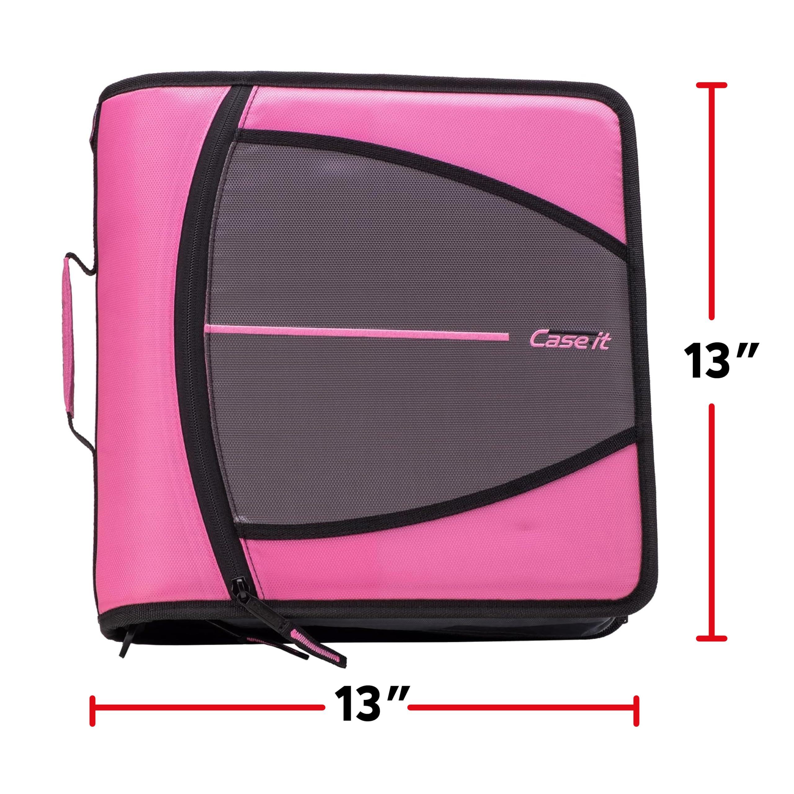 Case-it Mighty Zip Tab Zipper Binder 3 Inch - Light Pink Expanding File Organizer with 5 Color Tabs, Shoulder Strap & Handle - Perfect for School, Office & College Students Organization
