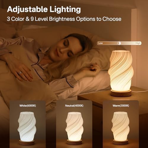 Dawnwake Wood Base Bedside Lamp - 12-Way Dimmable Nightstand Lamp with PLA Lampshade, Touch Control Table Light for Bedroom, Living Room, Kids Room, Office & College Dorm (White-B, Medium) - Perfect for Reading, Relaxing & Creating Cozy Ambiance