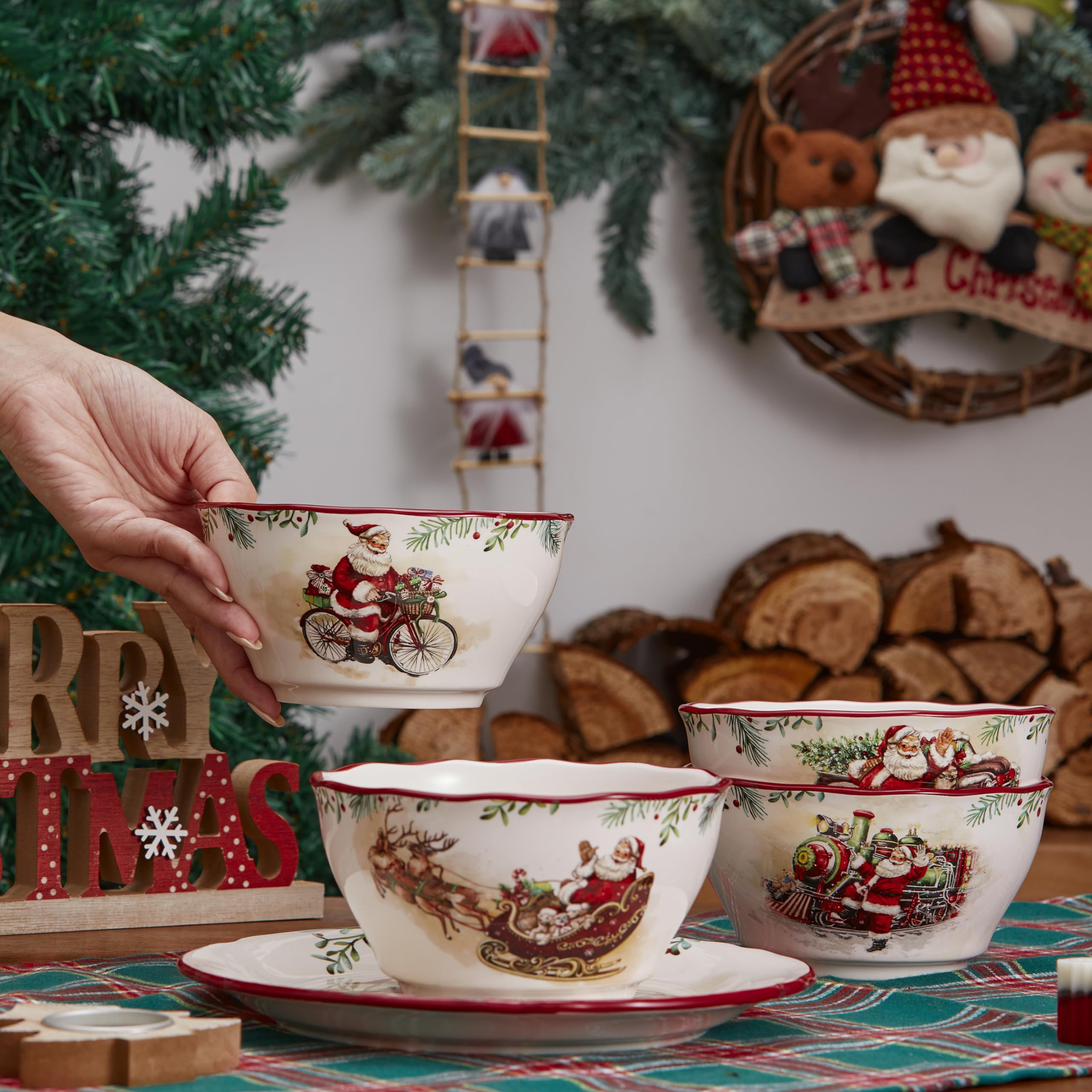 Santa On The Way Ceramic Cereal Bowls Set of 4 - Microwave & Dishwasher Safe Pasta, Salad, Soup Bowls - Perfect for Breakfast, Family Dinners & Holiday Gatherings