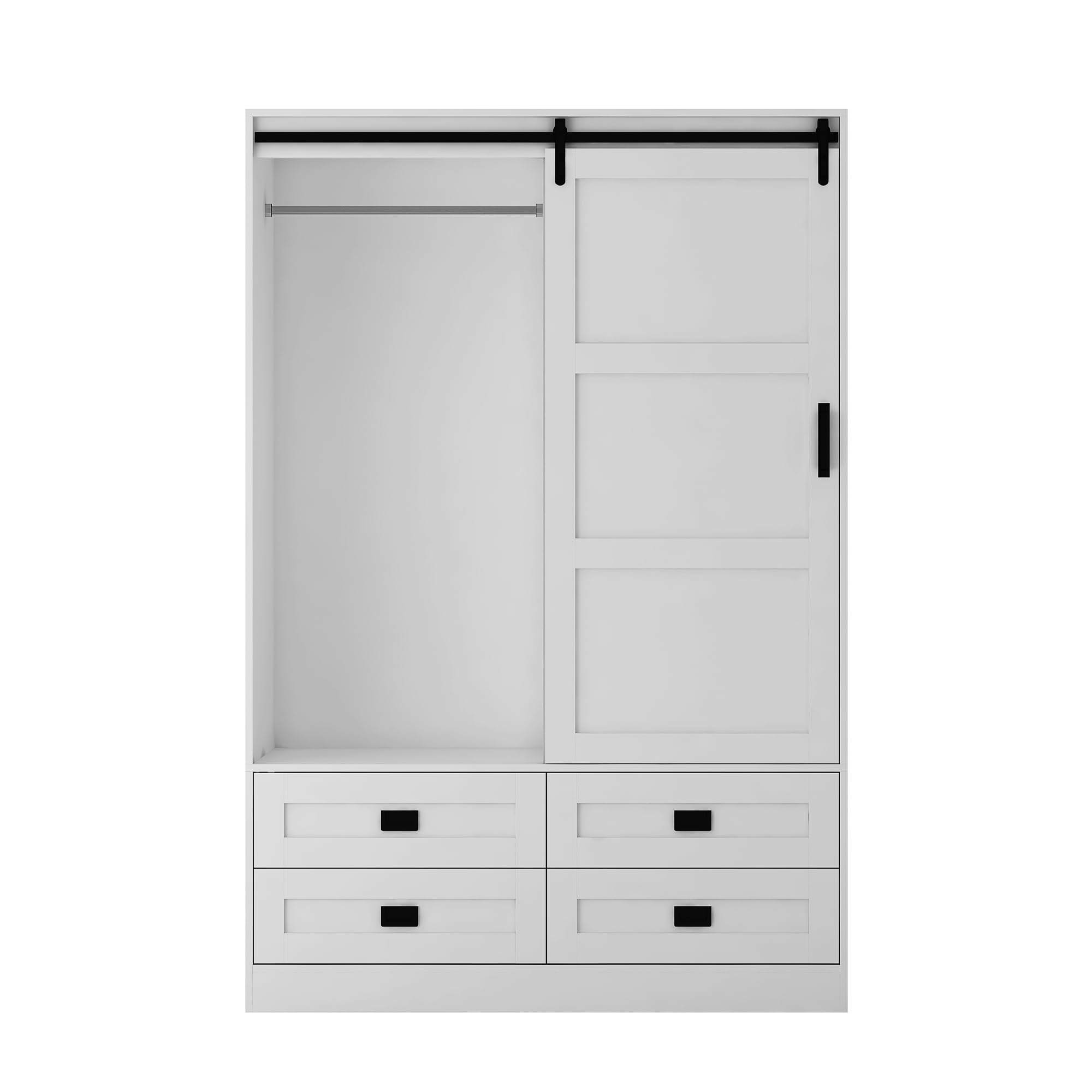 Tall Armoire Wardrobe Closet for Bedroom - Freestanding Wooden Clothing Storage Cabinet with Hanging Rod, Barn Doors, Drawers & Open Shelves - White (Style 1) - Perfect for Master Bedroom, Guest Room or Walk-in Closet Organization