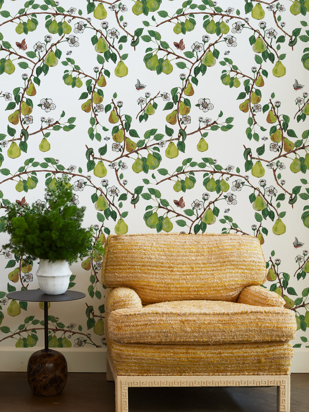 Giardino di Pere Wallpaper by Carly Beck - Elegant White Floral Peel & Stick Wallpaper for Living Room, Bedroom, or Nursery Decor
