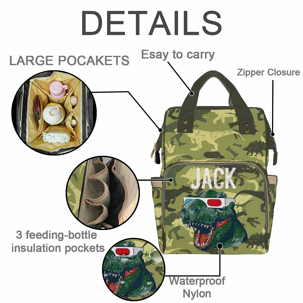 Personalized Dinosaur Diaper Backpack with Name - Custom Monogrammed Green Baby Diaper Bag for Boys & Girls, Waterproof Multifunctional Nappy Travel Daypack - Perfect Gift for Parents, Ideal for Daycare, Travel & Family Outings