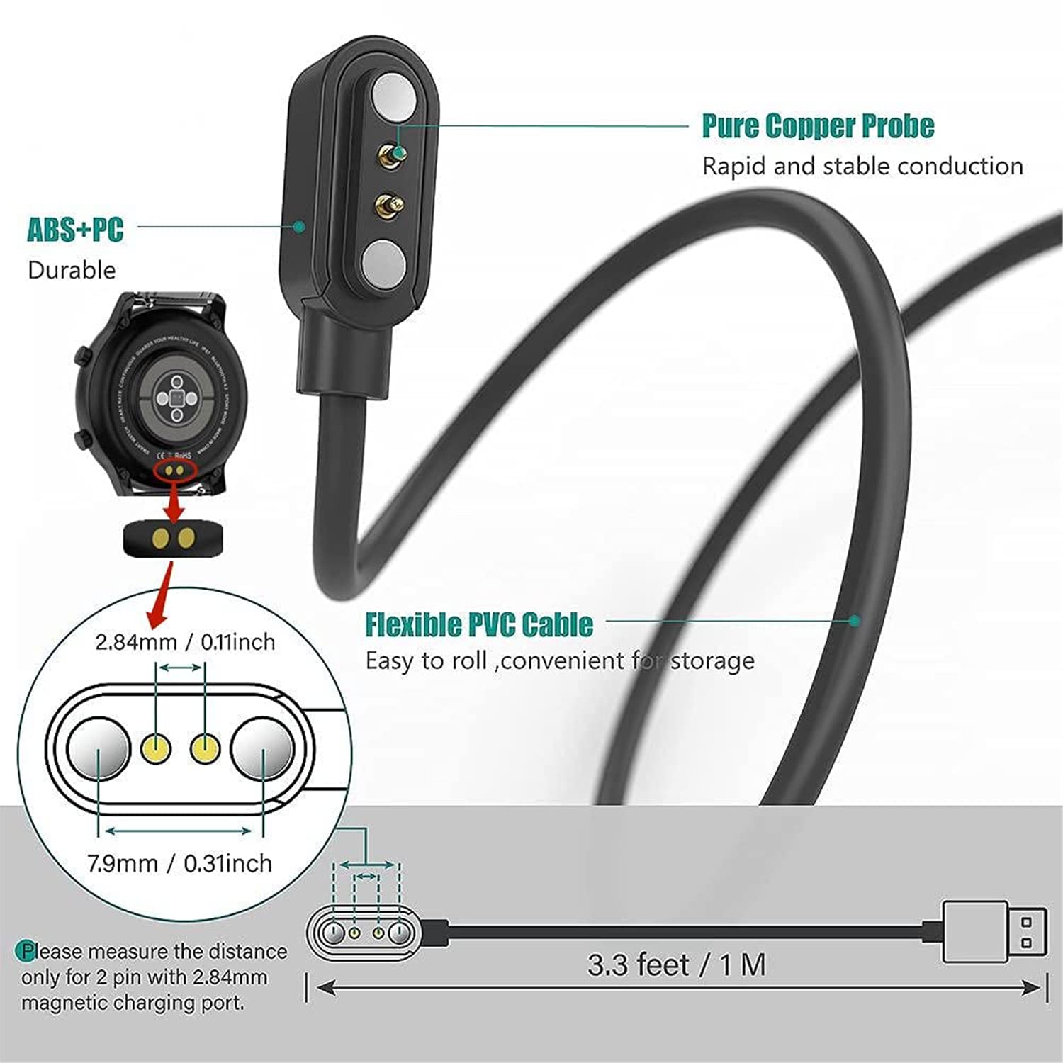Universal Magnetic Smart Watch Charger Cable - 2 Pin USB Charging Cord for Smartwatches & Fitness Trackers (2.84mm Pin Spacing) | Perfect for Apple Watch, Samsung Galaxy Watch, Garmin & More