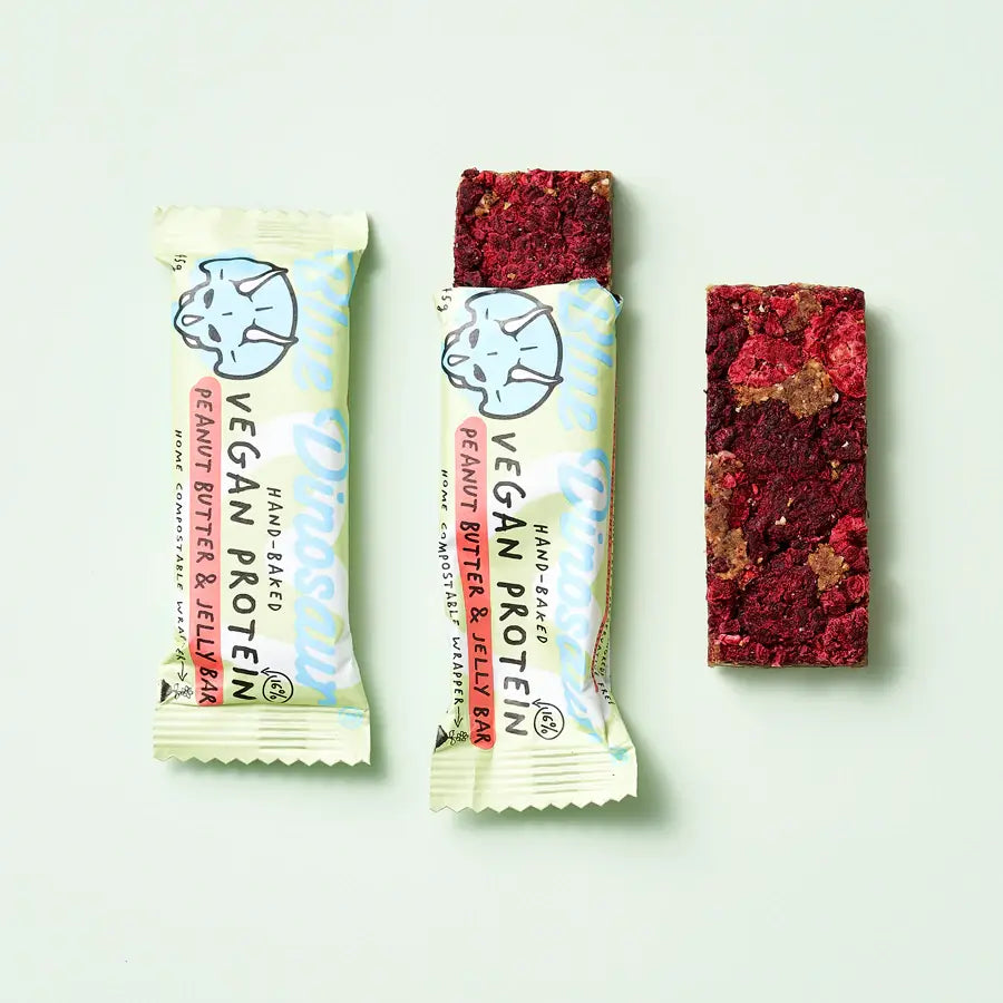 Blue Dinosaur Vegan Protein Bar - Peanut Butter & Jelly Flavor | High Protein Plant-Based Snack for Gym, Hiking & Healthy On-the-Go Lifestyle