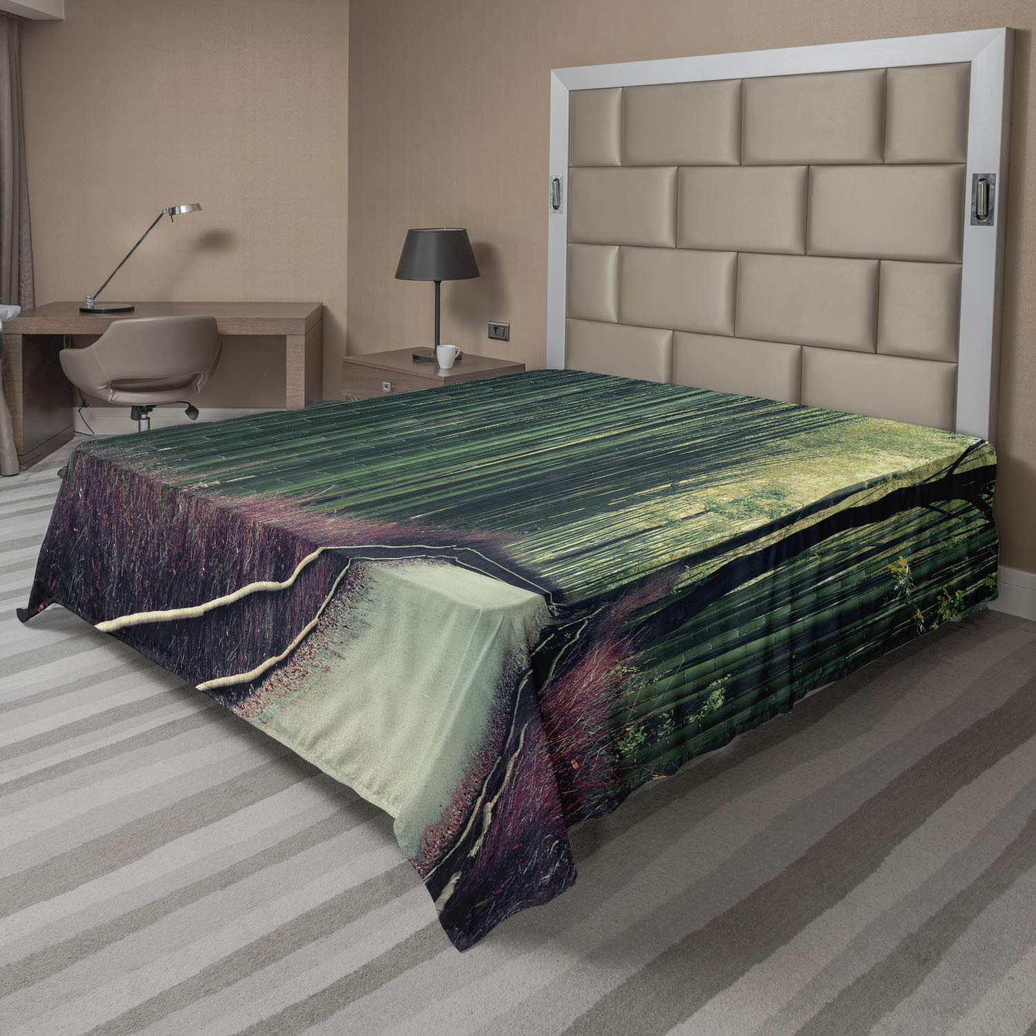 Ambesonne Queen Size Travel Flat Sheet - Exotic Jungle Scenery of Arashiyama Kyoto Japan Nature Landscape Print - Soft Comfortable Top Sheet for Bedroom Decor - 1 Piece Decorative Bedding in Hunter Green & Umber - Perfect for Home, Hotel, Dorm or Camping Use