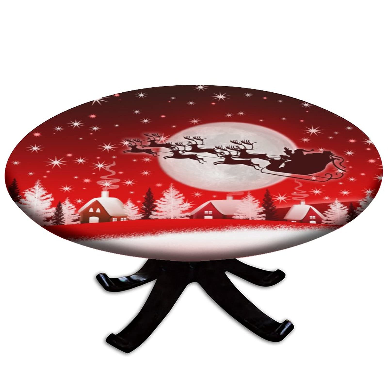 Christmas Themed Red Elastic Edge Round Tablecloth - Fits Tables 28