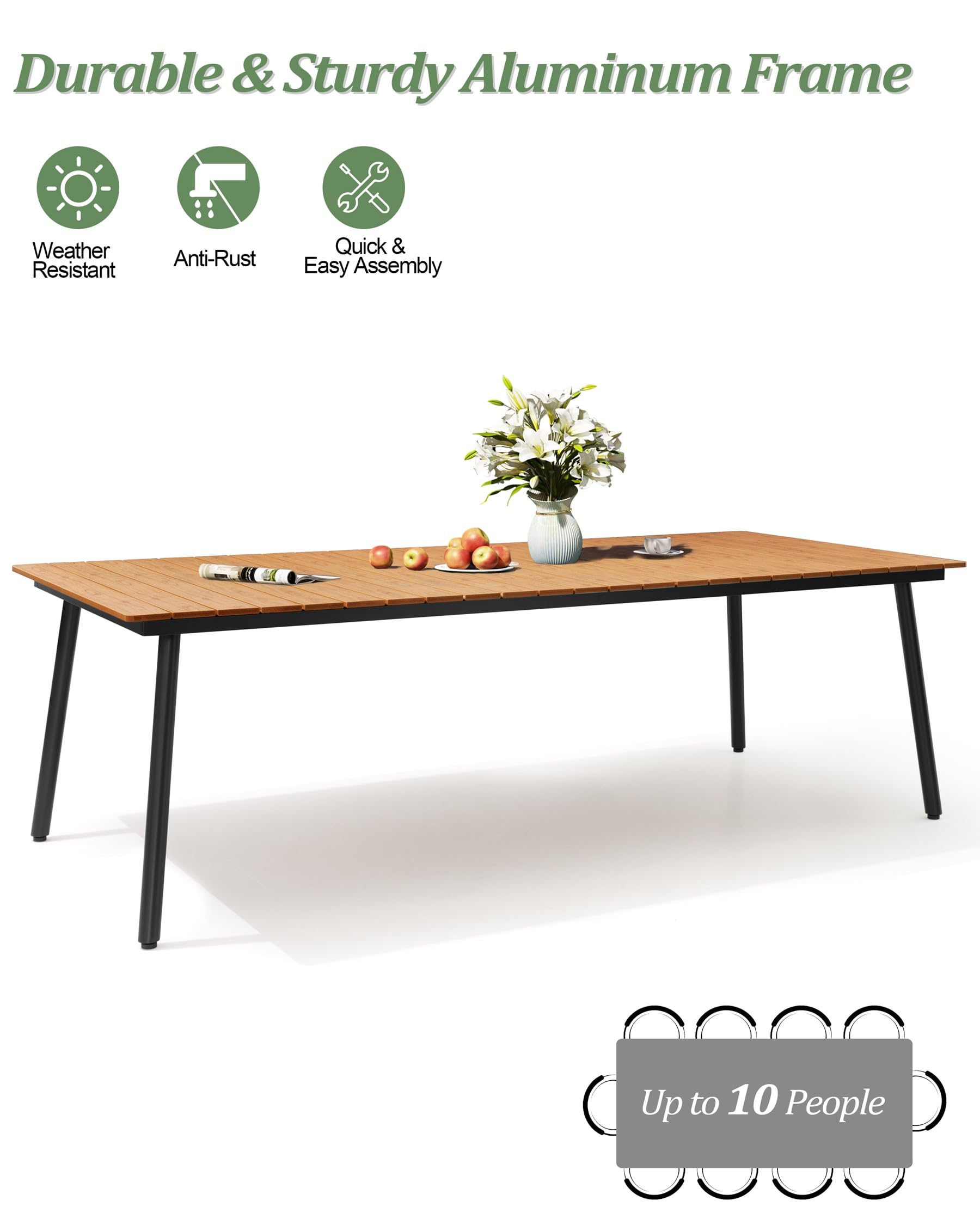94.5 Inch Outdoor Patio Dining Table - Weather-Resistant Aluminum Frame & Wood-Like Tabletop - Rectangular Design with Umbrella Hole - Perfect for Backyard BBQs, Poolside Gatherings & Garden Parties (Brown, Table Only)