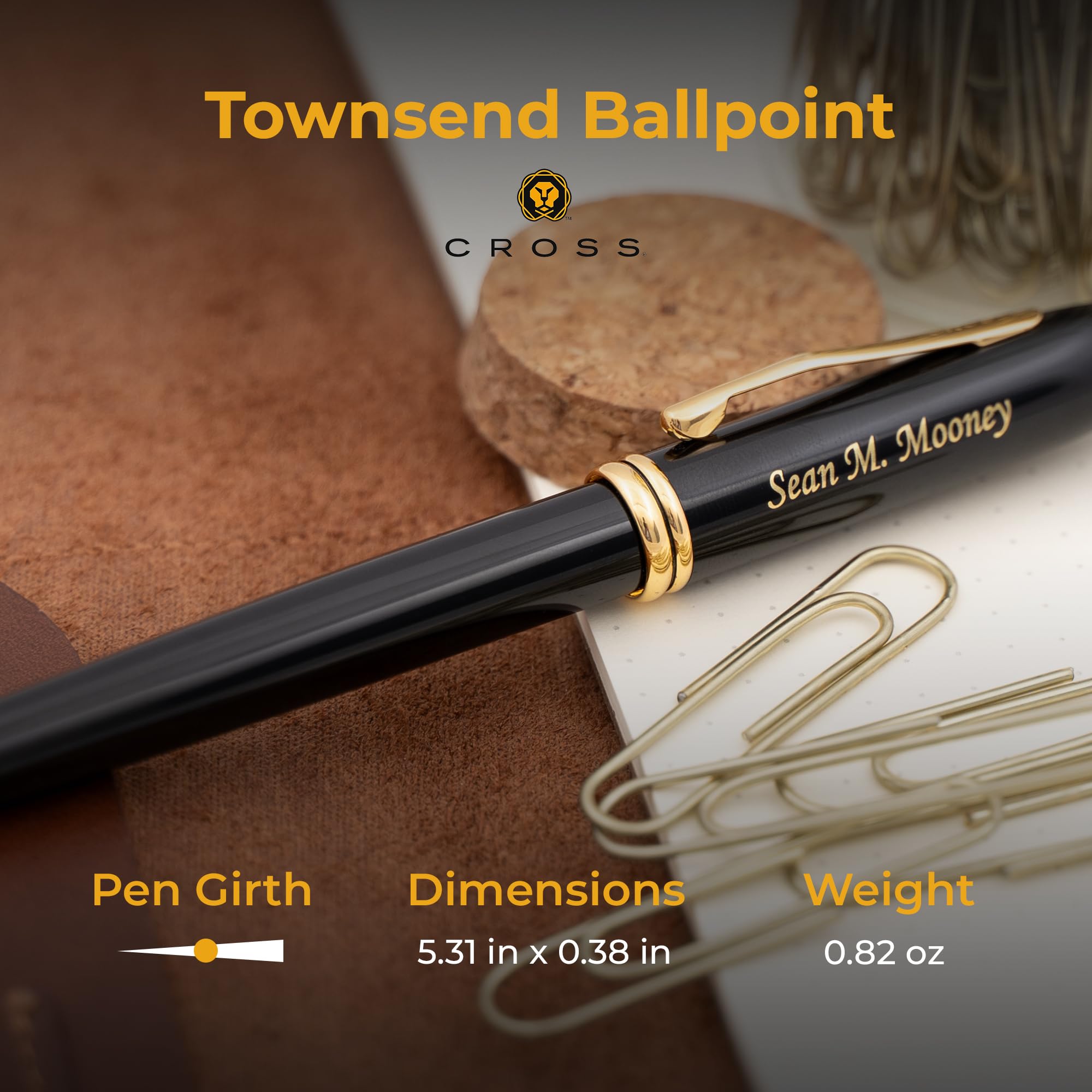 Engraved Cross Pen | Personalized Cross Townsend Ballpoint Pen with Black Lacquer Finish & 23K Gold Accents - Custom Executive Gift Pen for Business, Graduation & Special Occasions