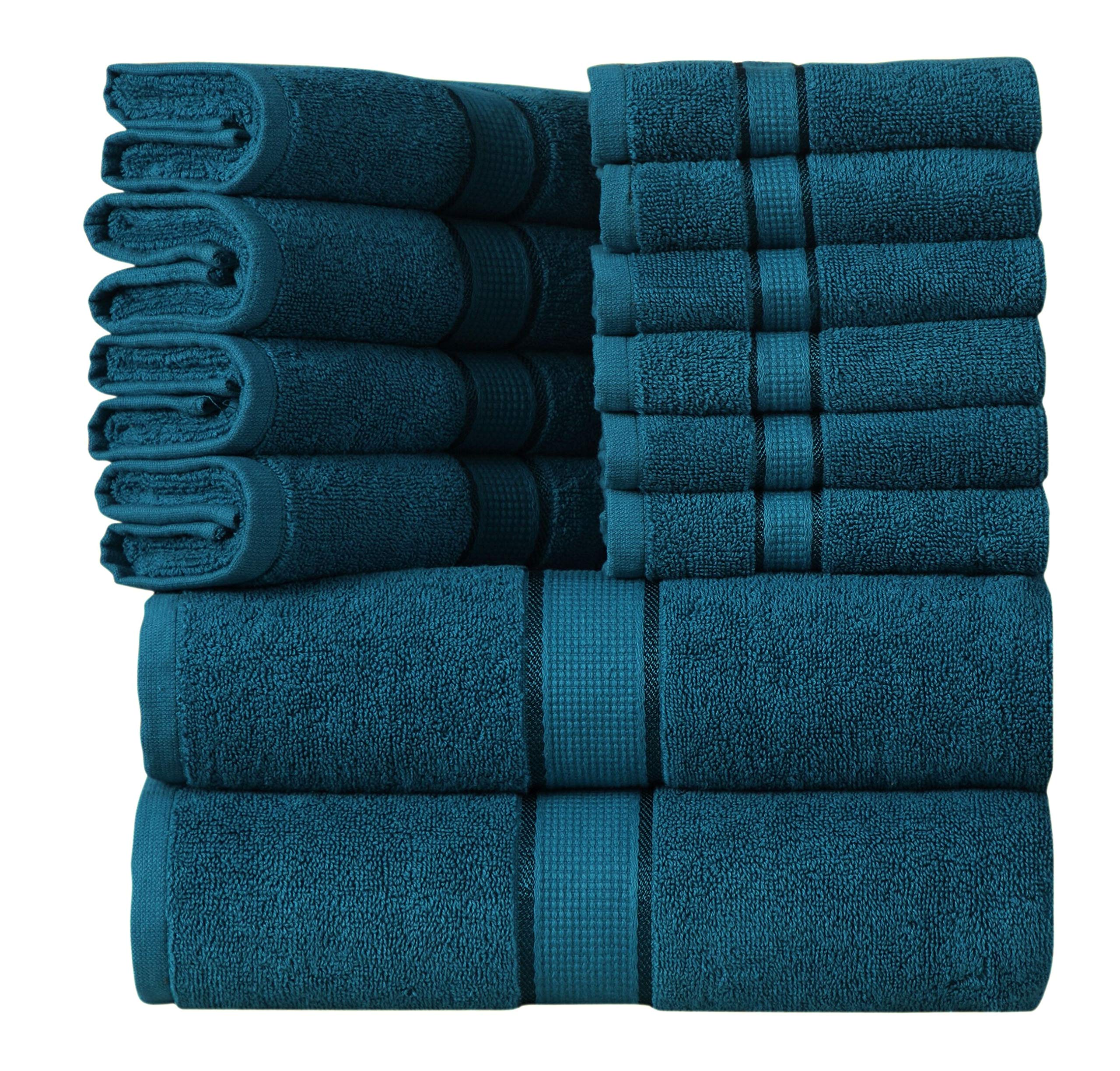 Premium 600 GSM Cotton Bath Towel Set - 12 Piece Luxury Bathroom Towels (6 Washcloths, 4 Hand Towels, 2 Bath Towels) - Ultra Absorbent Long-Staple Combed Cotton - Teal Color - Perfect for Spa, Hotel & Home Bathroom Use
