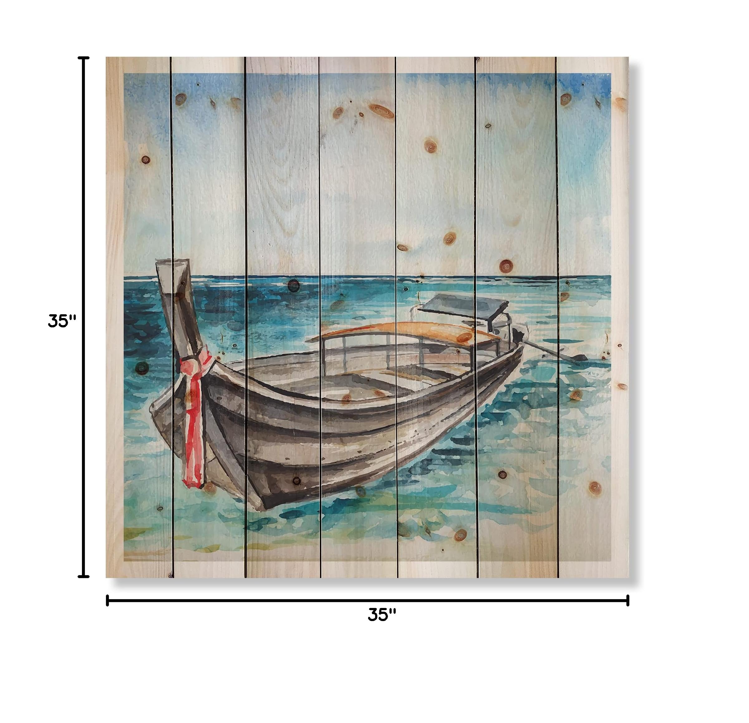 Nautical Coastal Wood Wall Decor - Little Boat At The Shore Blue Wood Wall Art, Large Transportation Wood Panels Printed on Natural Pine | Perfect for Beach House, Living Room & Office Decor