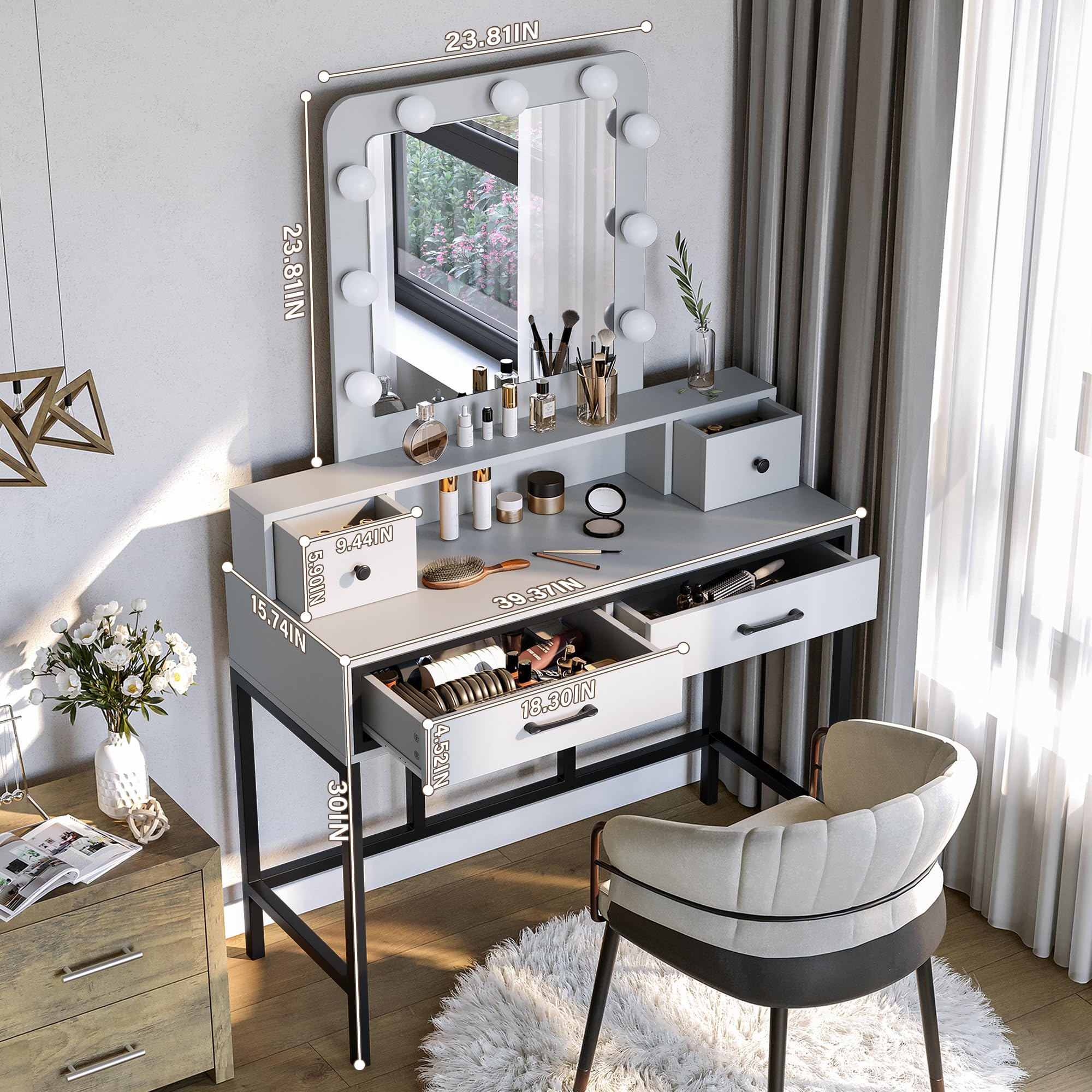 Sunvivi White Vanity Desk with Dimmable LED Hollywood Mirror & 4 Drawers - Large Makeup Dressing Table for Women & Girls - Perfect for Bedroom, Bathroom & Beauty Salon Makeup Application