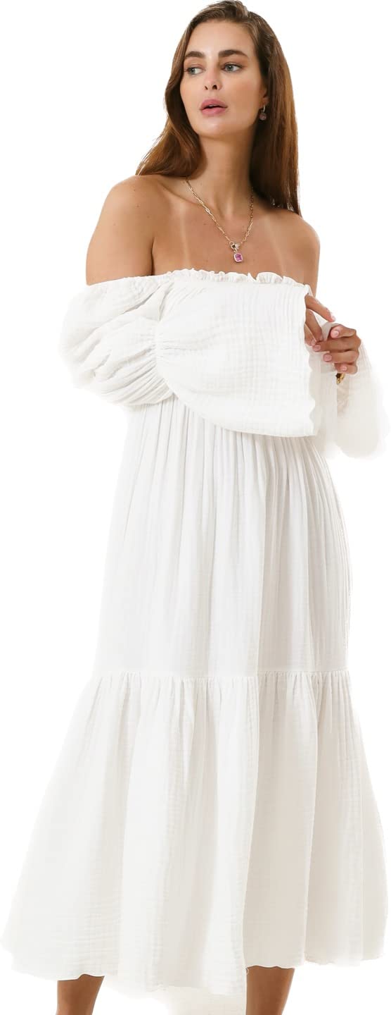 NOTHING FITS BUT Women's Cotton Maternity Dress - Off Shoulder Square Neck Nursing Gown for Baby Shower & Breastfeeding | Comfortable Pregnancy Dress for Moms, Photo Shoots & Special Occasions