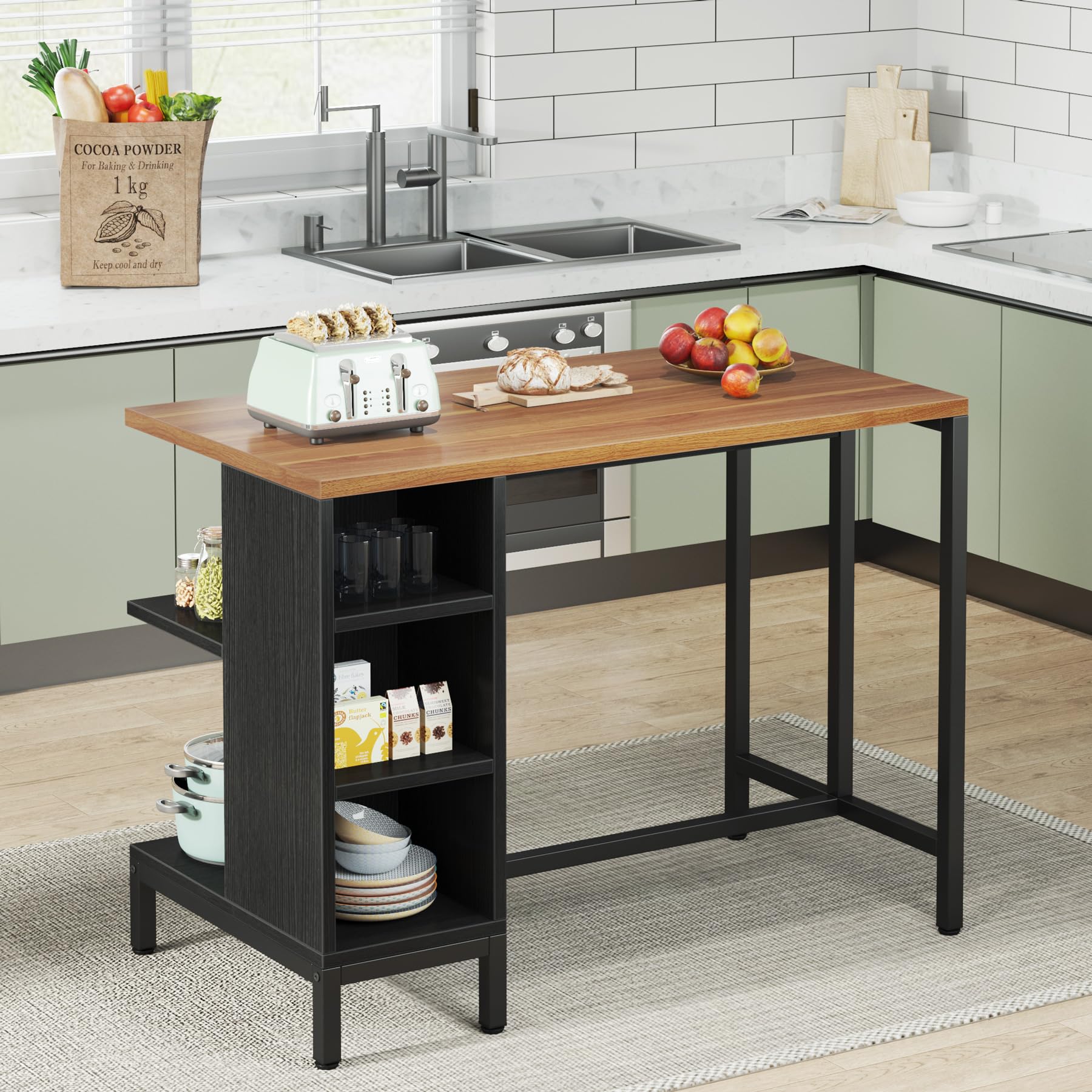 Tribesigns Industrial Kitchen Island with 5 Open Storage Shelves & Large Butcher Block Worktop - Rustic Bar Table for Small Space Kitchen, Dining Room, or Home Office (Stools Not Included) | Perfect for Food Prep, Entertaining & Extra Storage