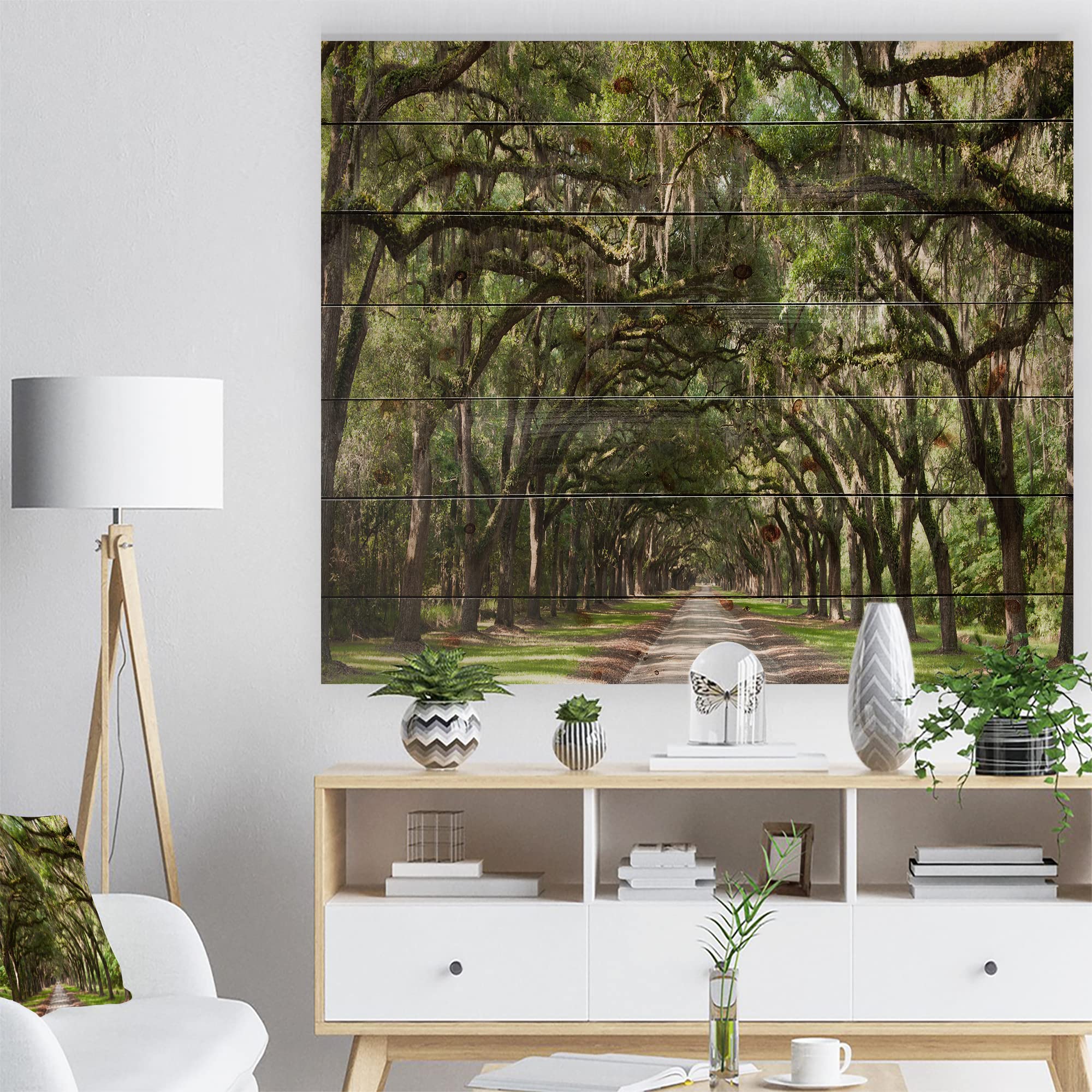 DesignQ Live Oak Tunnel Traditional Wood Wall Decor - Green Wood Wall Art, Large Landscape Wood Panels Printed on Natural Pine - Perfect for Living Room, Bedroom & Office Decor