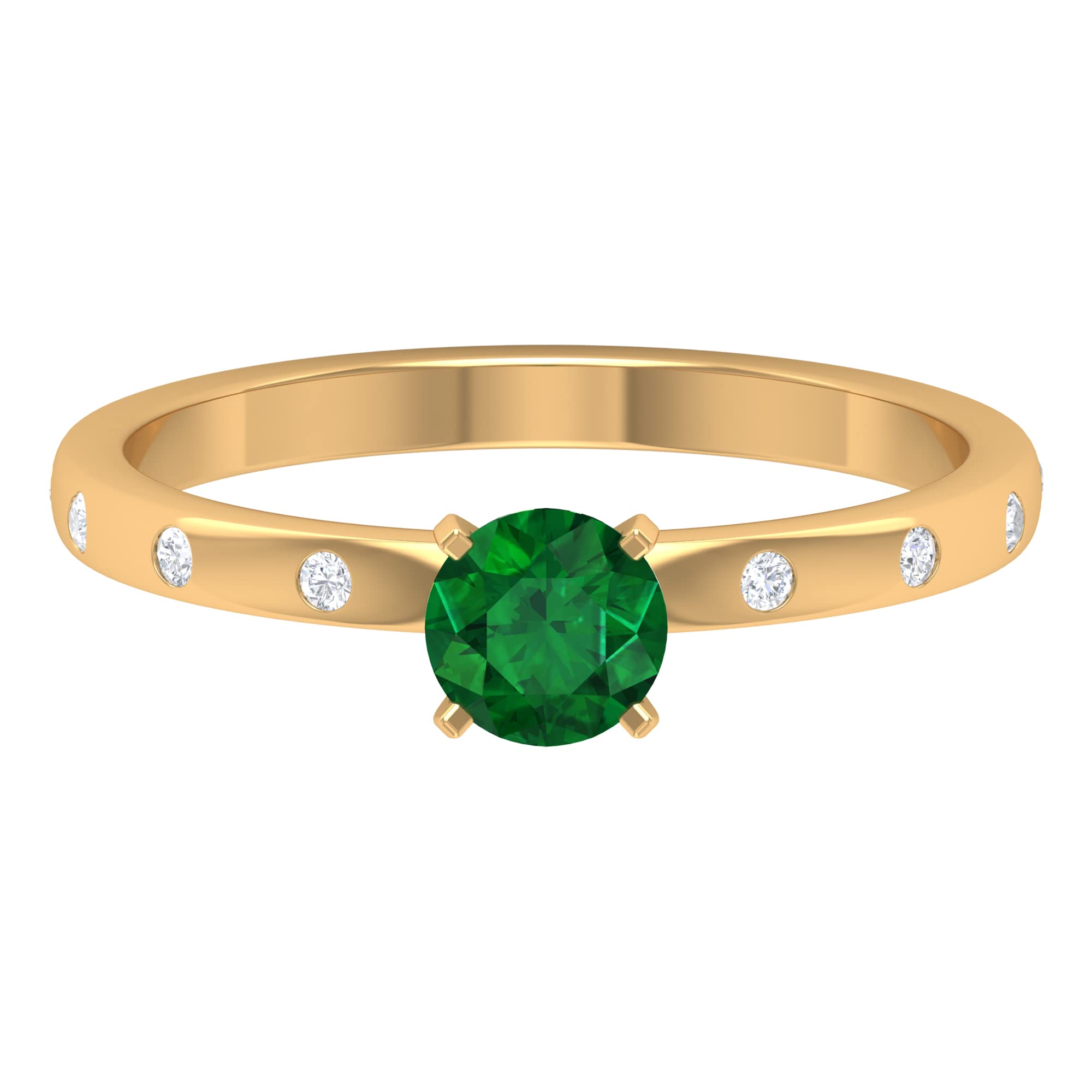 1/2 CT Genuine Emerald Solitaire Ring for Women - 14K Solid Gold Round Cut Diamond Accent Ring - Elegant Promise Ring for Engagement, Anniversary & Special Occasions