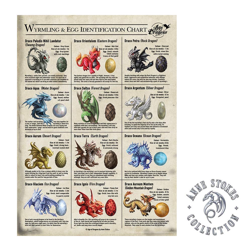 Anne Stokes Wymlings and Dragon Egg Size Chart Poster - Officially Licensed Fantasy Wall Art for Home Decor, Bedroom, Kitchen & Living Room - Perfect for Dragon Lovers and Fantasy Theme Rooms