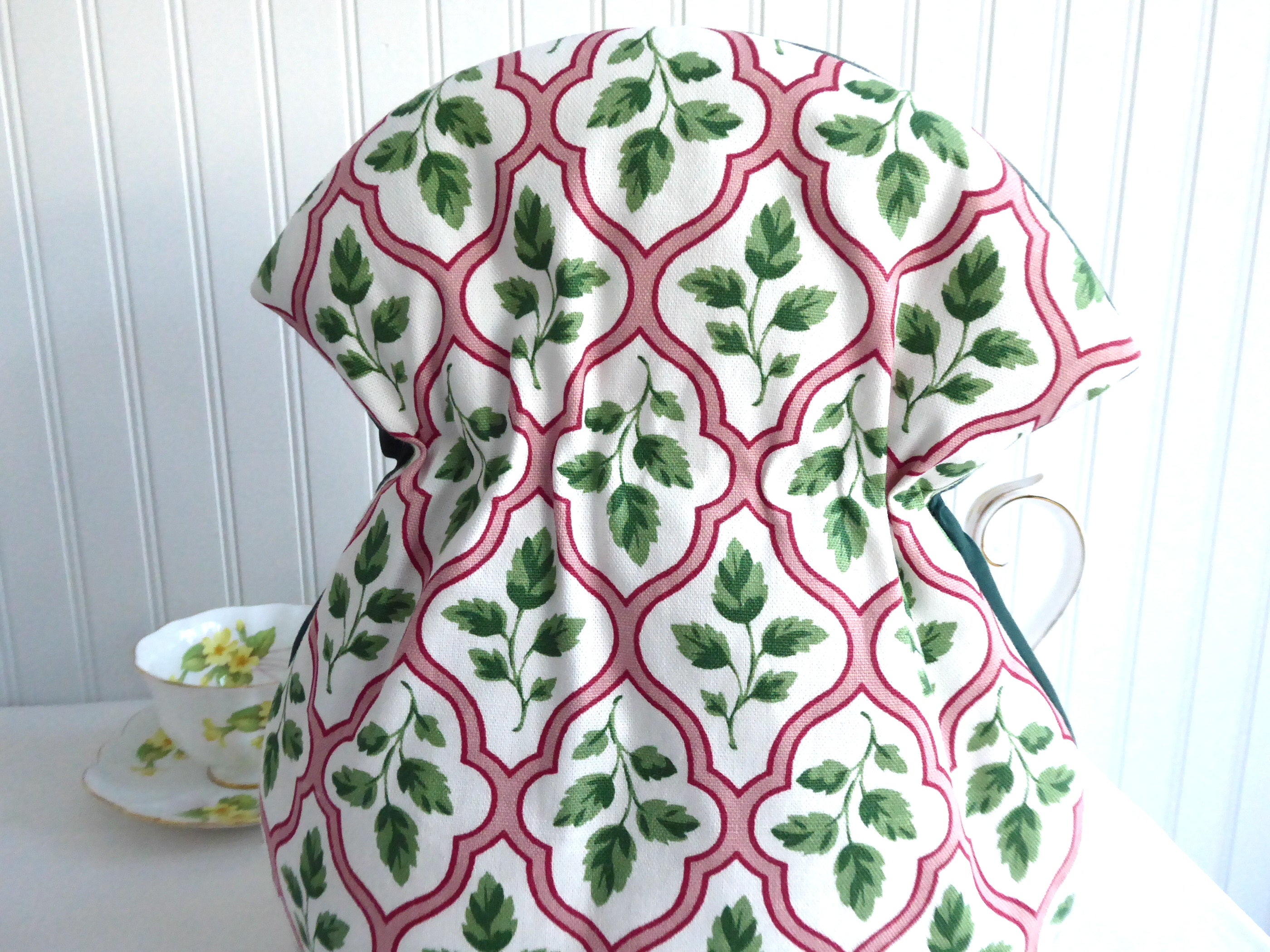 Large Tea Cozy - Padded Muff Style Insulated Tea Cover - Handmade Orchid Embroidery in Pink & Green - Perfect for Tea Parties & Winter Warmth