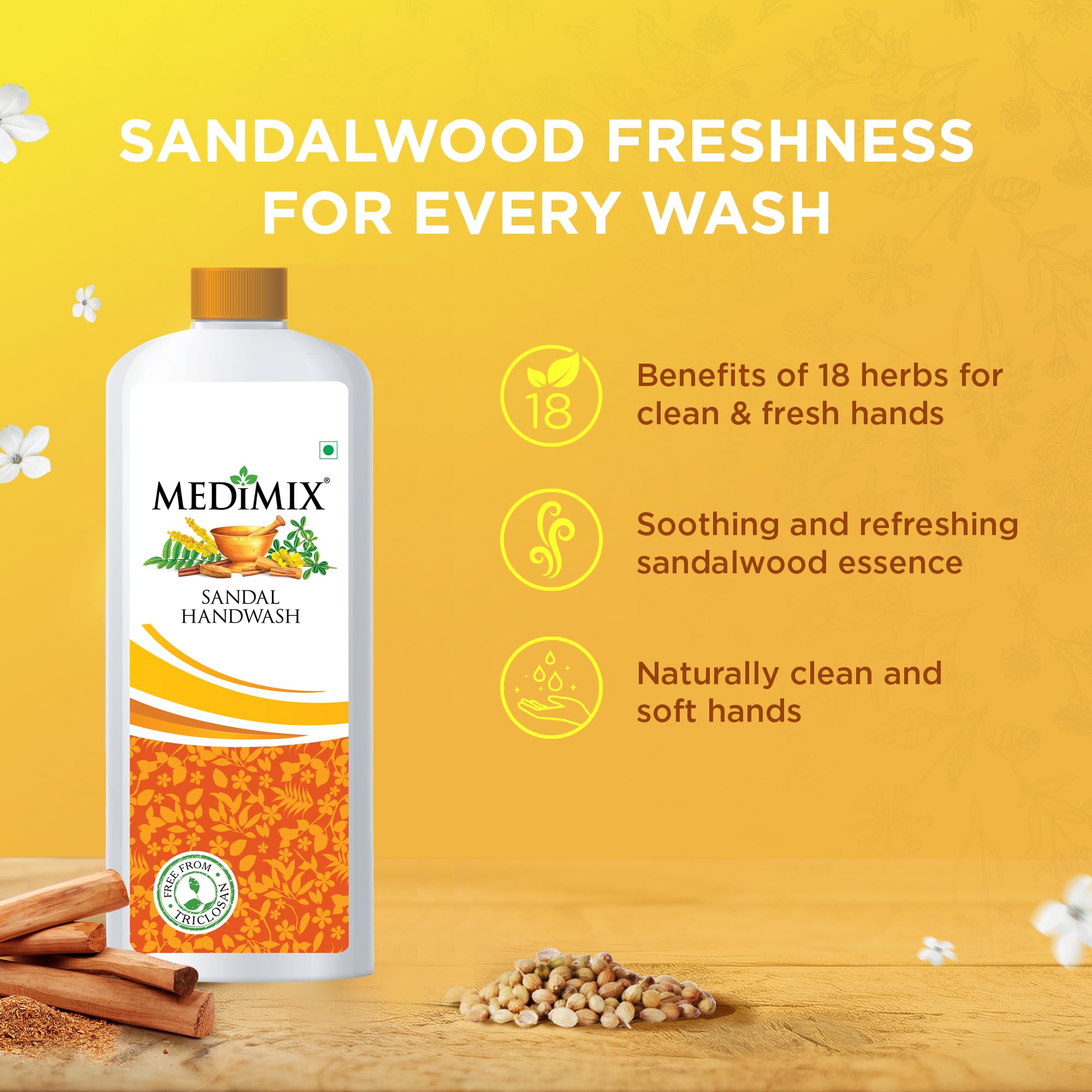 Medimix Sandal Liquid Handwash 1L Refill Bottle - Natural Germ Protection, Soft & Moisturized Hands, Free from Harsh Chemicals | Enriched with 18 Herbal Extracts | Perfect for Homes, Offices & Healthcare Facilities