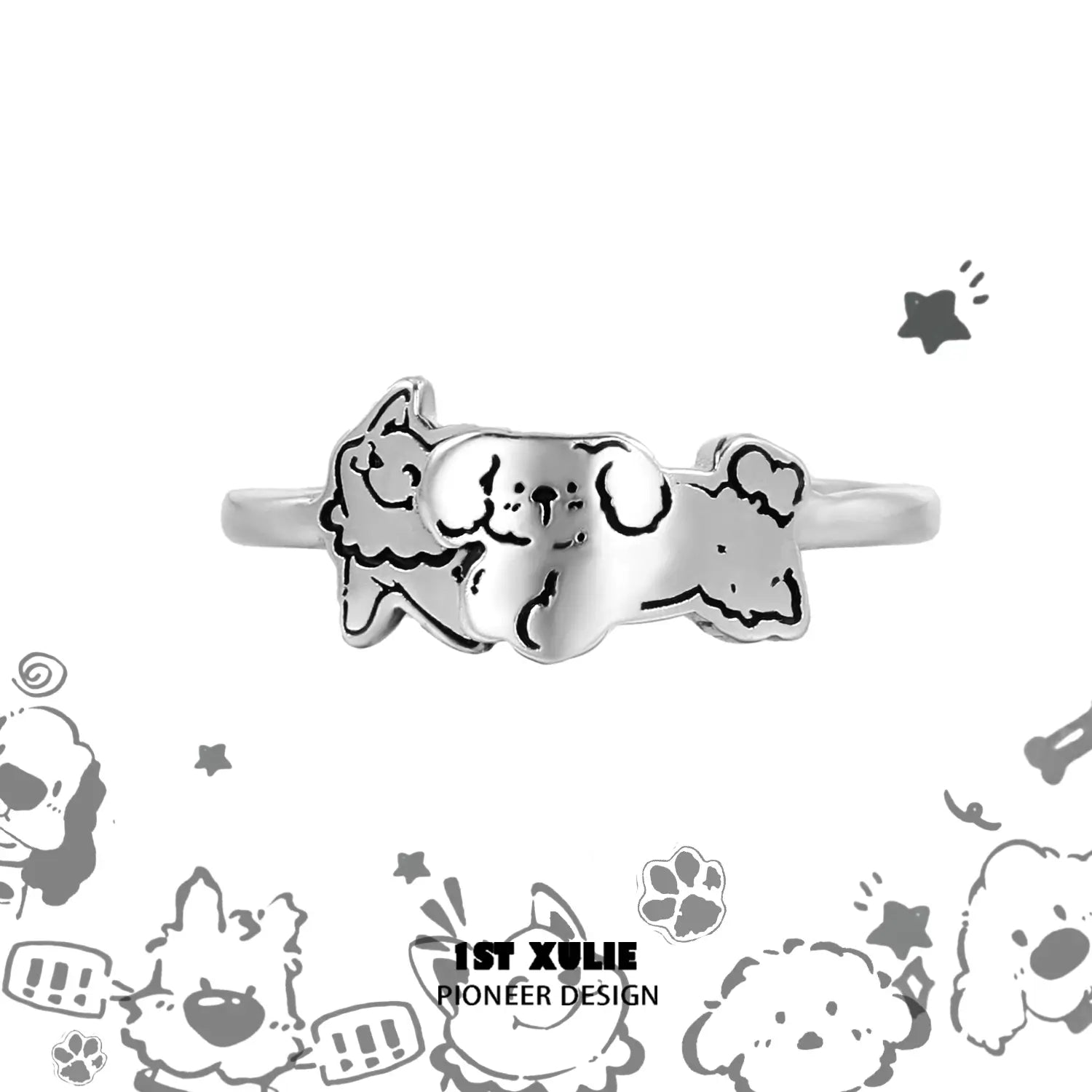 Graffiti Puppy S925 Sterling Silver Dog Ring - Adjustable Puppy Jewelry for Women & Men - Perfect for Gifts, Parties & Everyday Wear