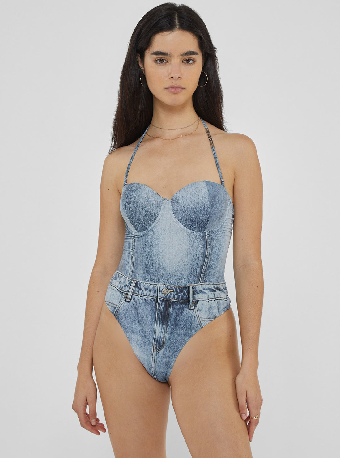 Guess Originals Denim Print Swimsuit for Women - Stylish One Piece Bathing Suit with Adjustable Straps, Perfect for Beach, Pool & Summer Vacations