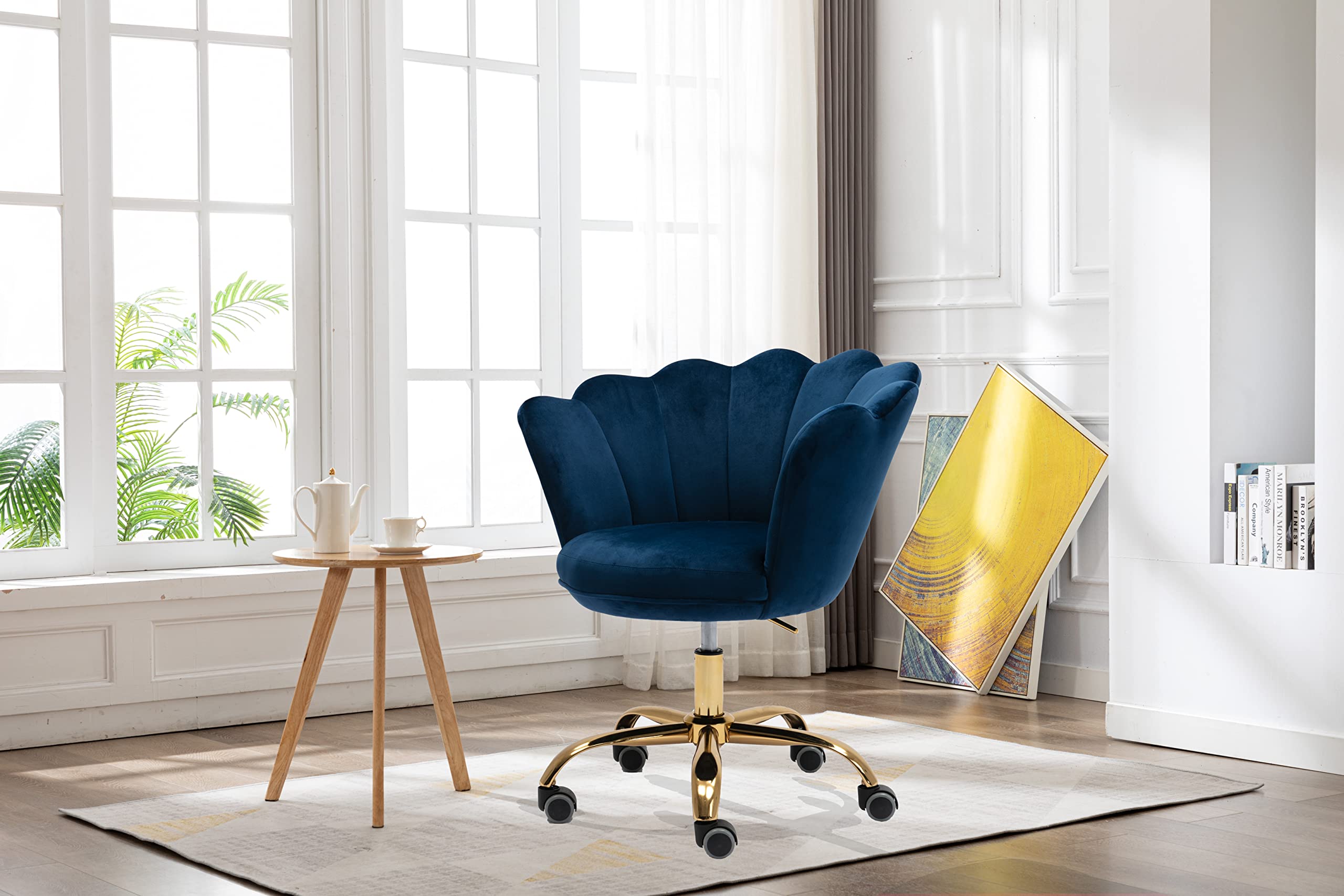 Ergonomic Modern Home Office Chair - Adjustable Swivel Desk Chair with Wheels for Work, Study & Makeup - Velvet Upholstered Task Chair for Living Room, Bedroom & Vanity (Dark Blue) - Perfect for Home Office, Gaming & Beauty Station