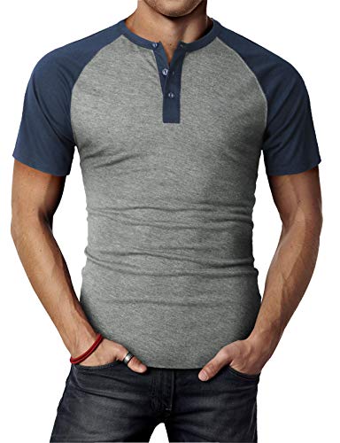 H2H Men's Henley Short Sleeve T-Shirt - Slim Fit Casual Raglan Tee for Everyday Wear, Gym, and Outdoor Activities