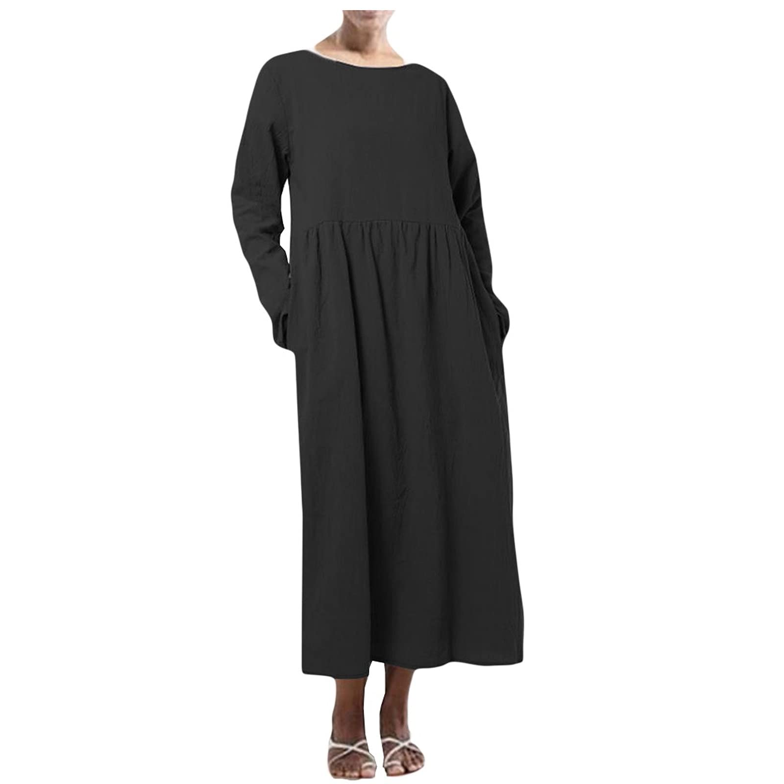 Women's Linen Maxi Dress with Pockets - Long Sleeve O-Neck Loose Kaftan Dress for Summer | Comfortable & Stylish Mother's Day Gift | Perfect for Beach, Vacation and Casual Wear