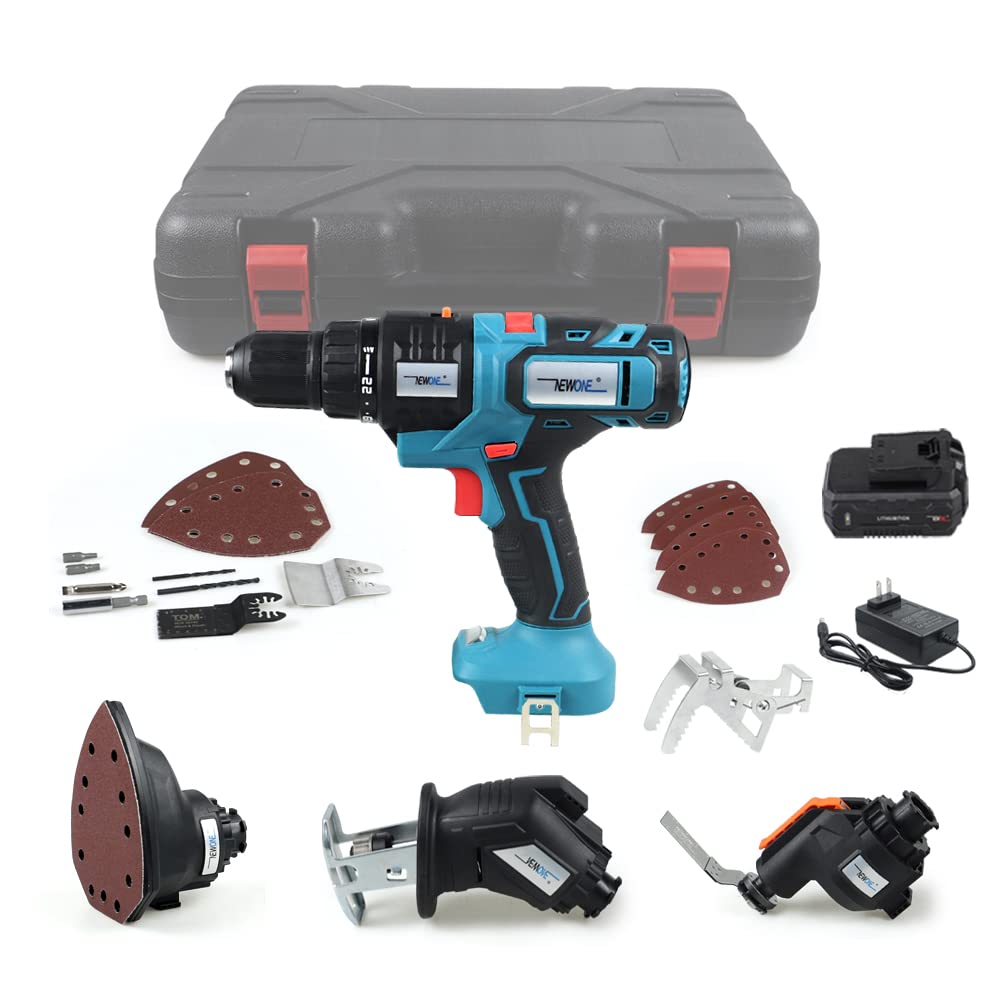 NEWONE 20V Cordless Drill Combo Kit - 4-in-1 Power Tool Set with Drill, Reciprocating Saw, Oscillating Tool & Sander - Includes 2.0Ah Lithium-Ion Battery, Charger & Case - Perfect for DIY Projects, Home Repairs & Woodworking