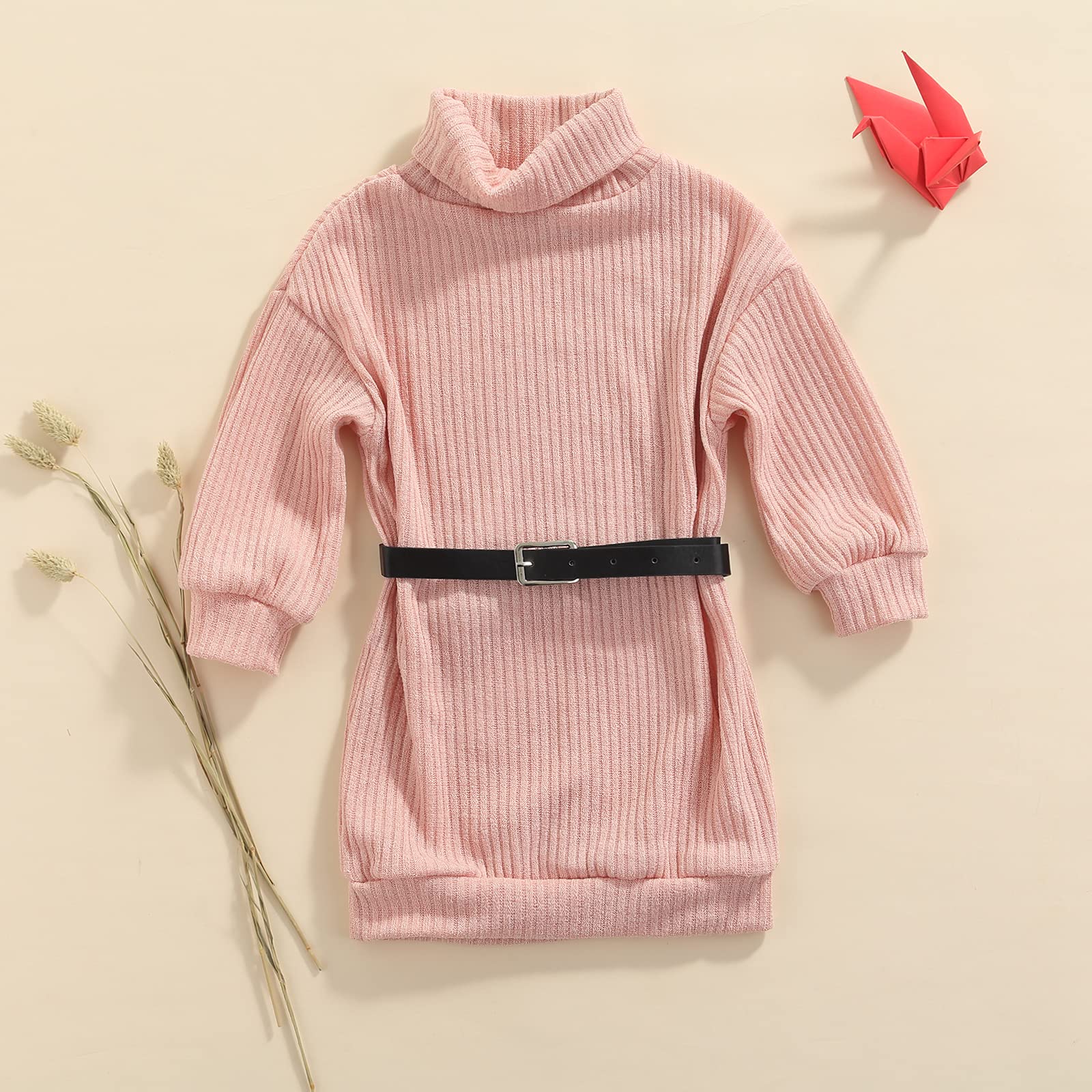BOIBOKO Toddler Baby Girls Knit Sweater Dress with Belt - Long Sleeve Turtleneck Ribbed Dress for Fall & Winter - Perfect for Holiday Photos, Christmas Outfits, and Family Gatherings