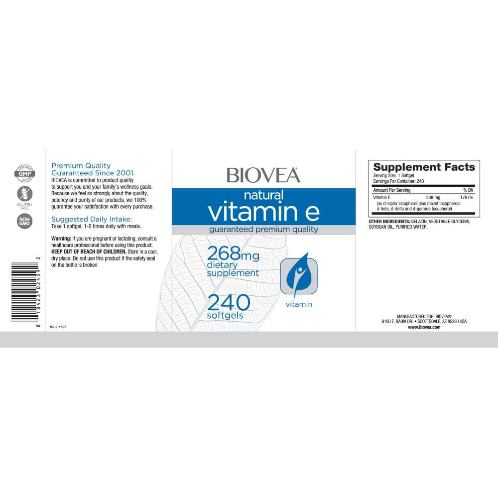 Biovea Vitamin E 267mg (400 IU) 240 Softgels - Antioxidant Supplement for Skin, Hair & Immune Support - Daily Health & Wellness Boost