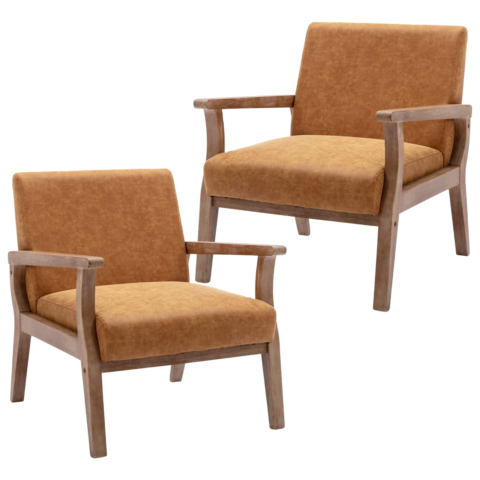Mid Century Modern Accent Chairs Set of 2 - Hardwood Frame Faux Leather Upholstered Living Room Chairs for Bedroom & Lounge - Tan | Perfect for Home Office, Reading Nook & Cozy Conversation Areas