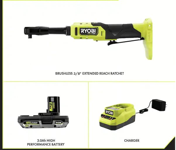 RYOBI ONE+ 18V Brushless Cordless 3/8 in. Extended Reach Ratchet with 2.0 Ah Battery & Charger - Perfect for Automotive Repairs, Tight Spaces, and DIY Projects