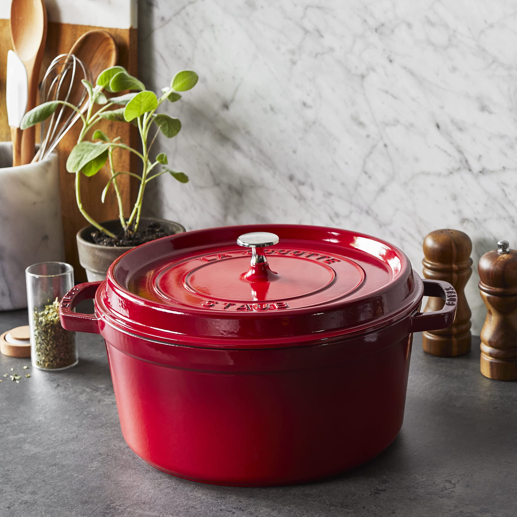 Staub 7-Quart Round Cast Iron Cocotte Dutch Oven - Cherry Red, Made in France | Perfect for Braising, Stewing & Slow Cooking Soups, Bread Baking