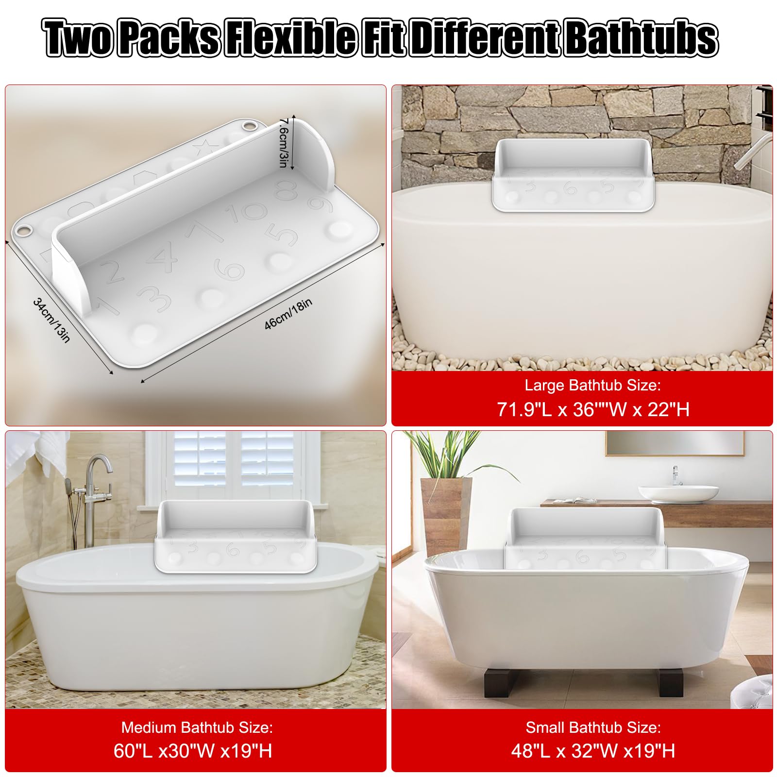 2 Pack 36IN Bathtub Splash Guard for Kids - Non-Slip Play Shelf with 16 Suction Cups, Premium Silicone Baby Bath Tub Splash Protector for Toddlers (White) - Perfect for Bath Time Fun & Water Play Safety
