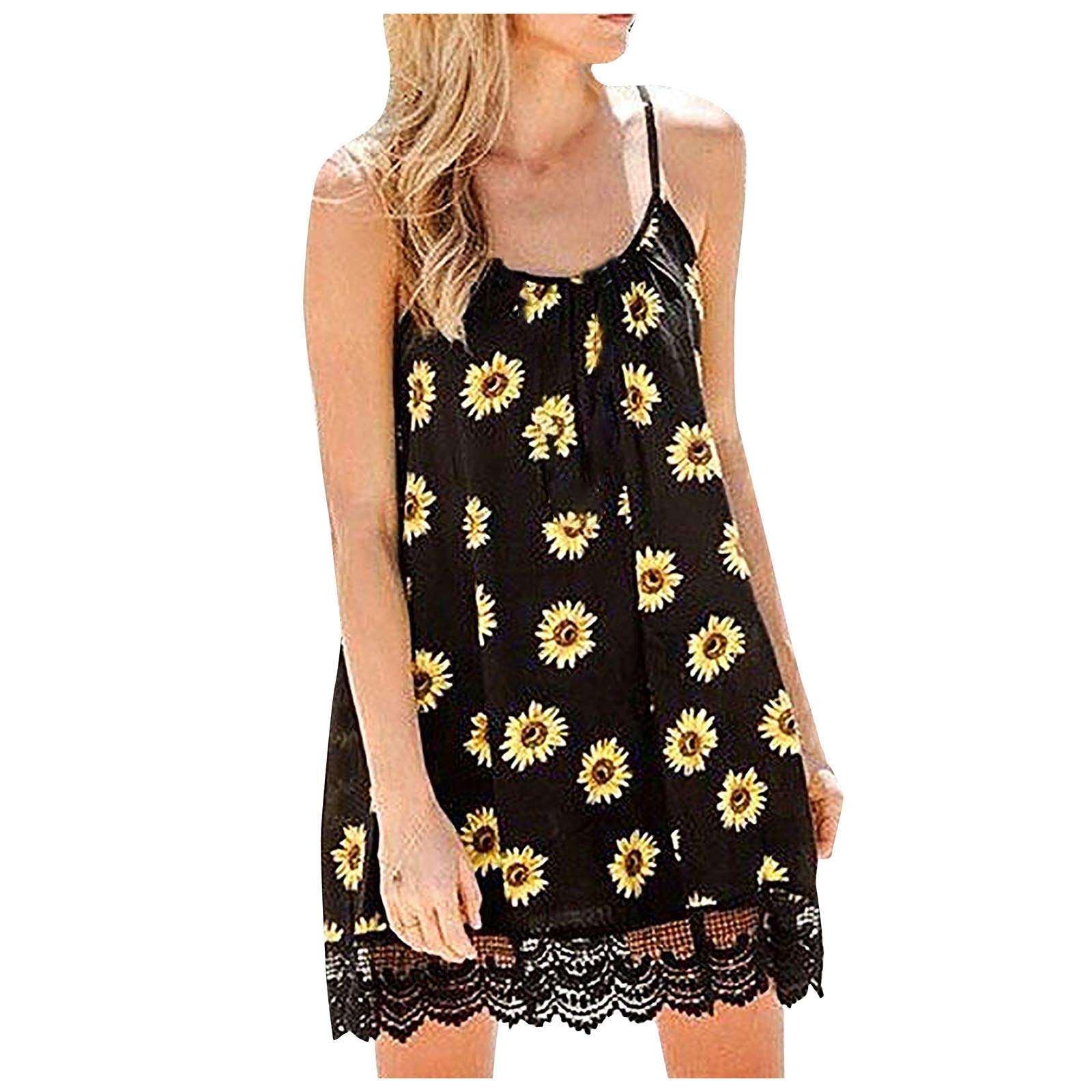 Sunflower Print Women's Sleeveless Lace Splicing Casual Dress - Perfect for Summer Outings, Beach Vacations and Date Nights