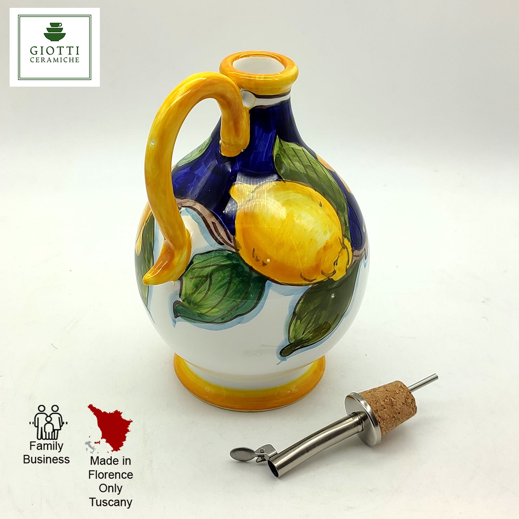 Italian Ceramic Olive Oil Dispenser Bottle XL Size 14oz - Hand Painted Tuscan Sunflower & Lemon Design - Premium Kitchen Oil Cruet - Made in Italy - Perfect for Cooking, Salad Dressing & Gourmet Food Presentation