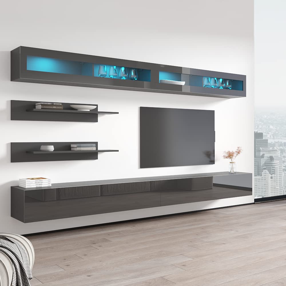 Modern Gray Wall-Mounted TV Stand with Storage Shelves & LED Lights - Floating Entertainment Center Console for Bedroom & Living Room - Perfect for Small Spaces & Home Theater Setup - Meble Furniture Fly I2 30TV Stand