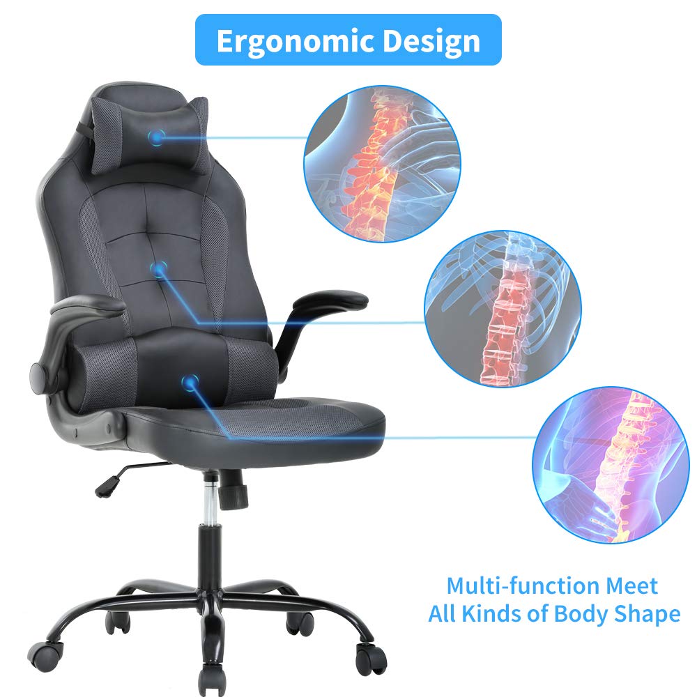 Premium Ergonomic Gaming Chair - Adjustable Office Desk Chair with Lumbar Support & Headrest - Modern Executive Leather Computer Chair - Rolling Swivel Task Chair for Home Office & Gaming Setup - Grey
