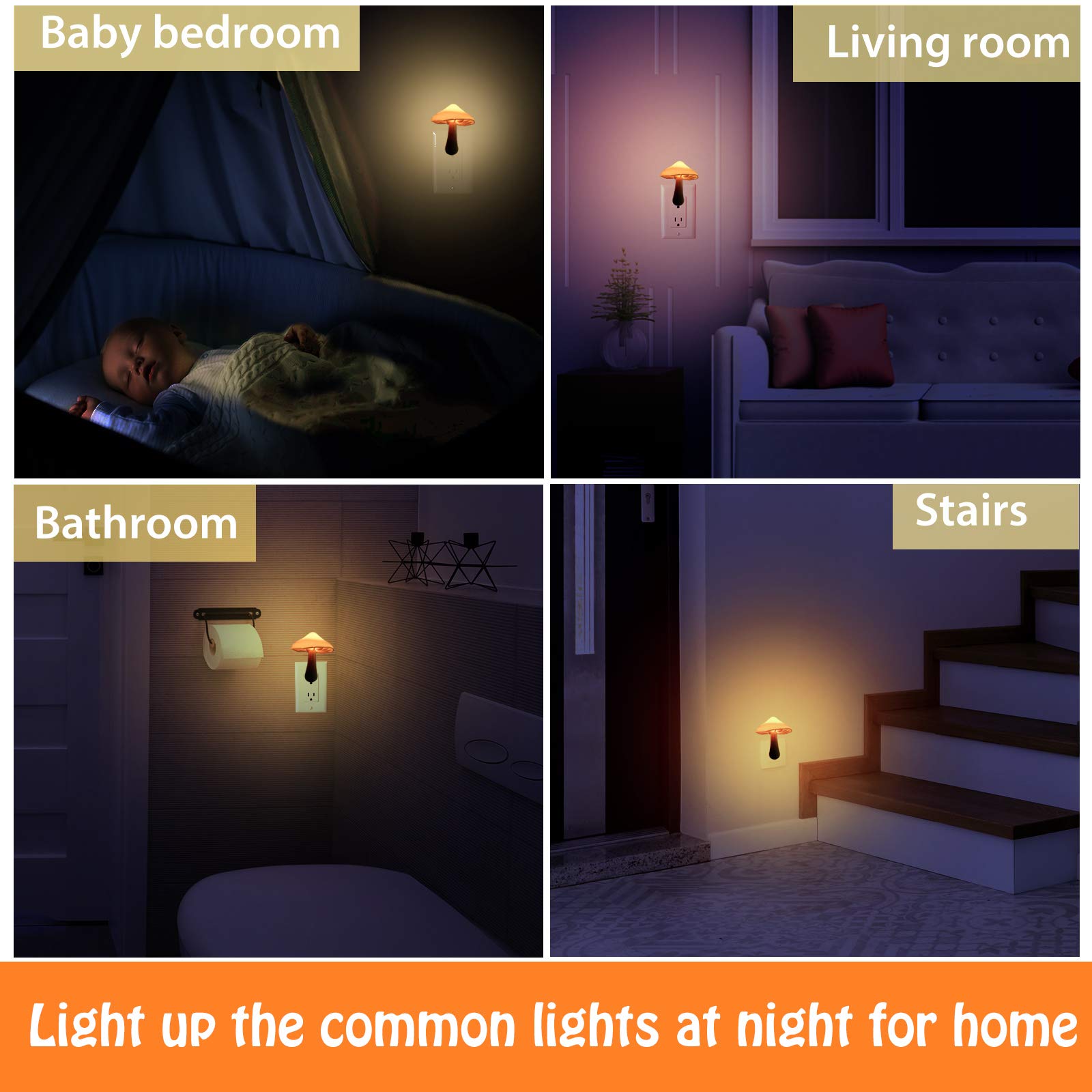 Mudder 2 Pack LED Mushroom Night Light Plug in Wall Lamp with Auto Sensor - Cute Mini Mushroom Nightlight for Kids Room, Nursery Decor, Bedroom, Bathroom - Perfect Gift for Adults & Children (Yellow with White Cover) - Creates Cozy Ambiance for Nighttime Feedings, Bedtime Stories & Safe Navigation