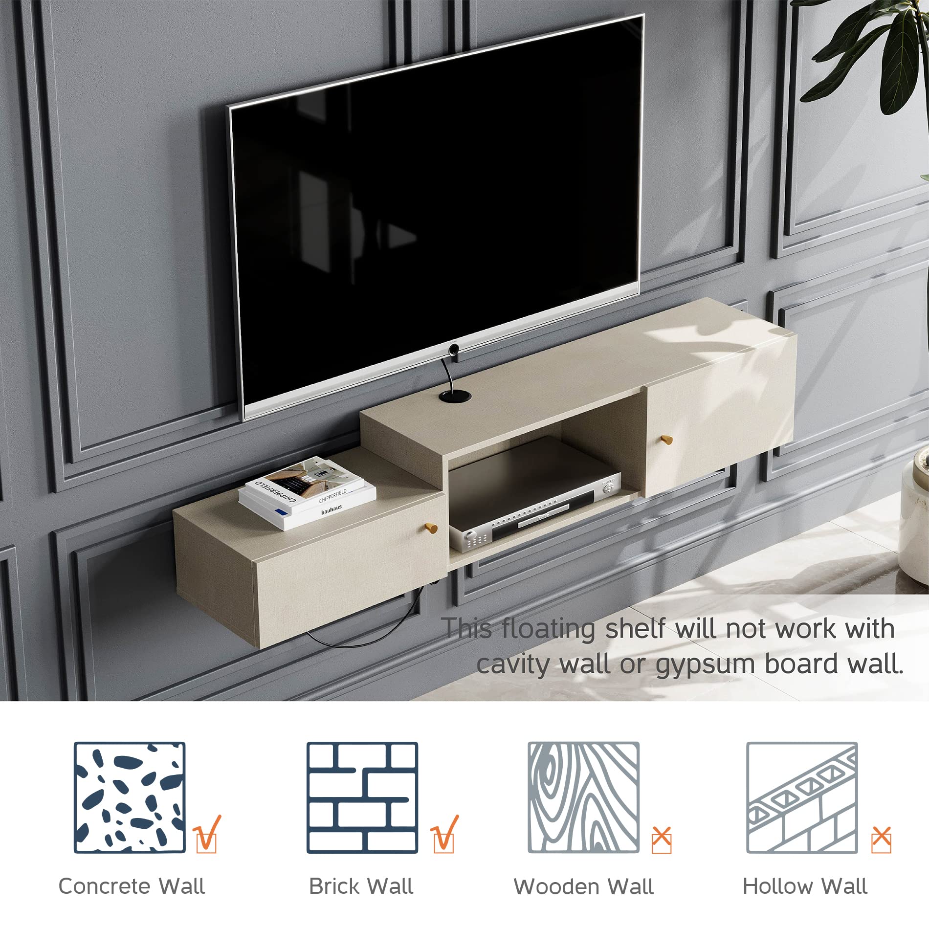 FITUEYES 59-Inch Floating TV Stand with Built-in Charging Station, Wall Mounted Entertainment Center with Storage - Modern Hanging Shelf for Living Room, Bedroom & Home Theater Setup