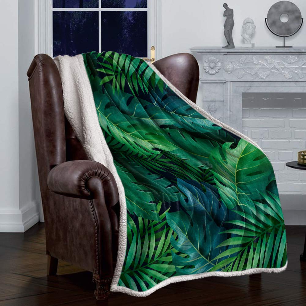 **Litter Star Sherpa Flannel Fleece Blanket - Soft & Cozy Plush Throw for Couch, Sofa, Bed - Tropical Jungle Green Leaves Design - 59x79 Inch - Perfect for Living Room, Bedroom & Travel**