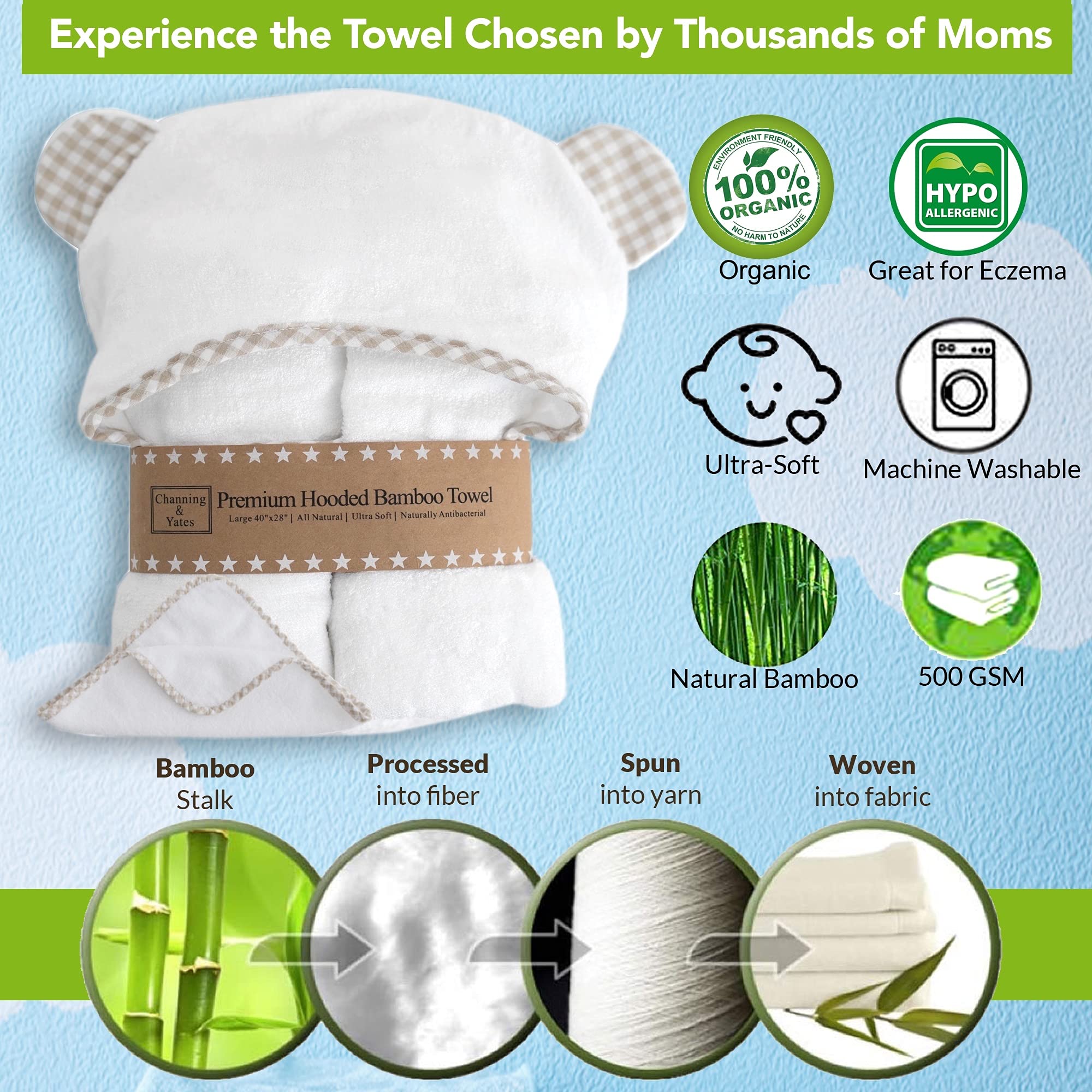 Channing & Yates Premium Organic Baby Towel Set - Ultra Soft Viscose Bamboo Hooded Bath Towel & Washcloth for Newborns & Toddlers - Gender Neutral Baby Shower Gift (Beige/White) - Perfect for Bath Time, Swimming & Spa Days