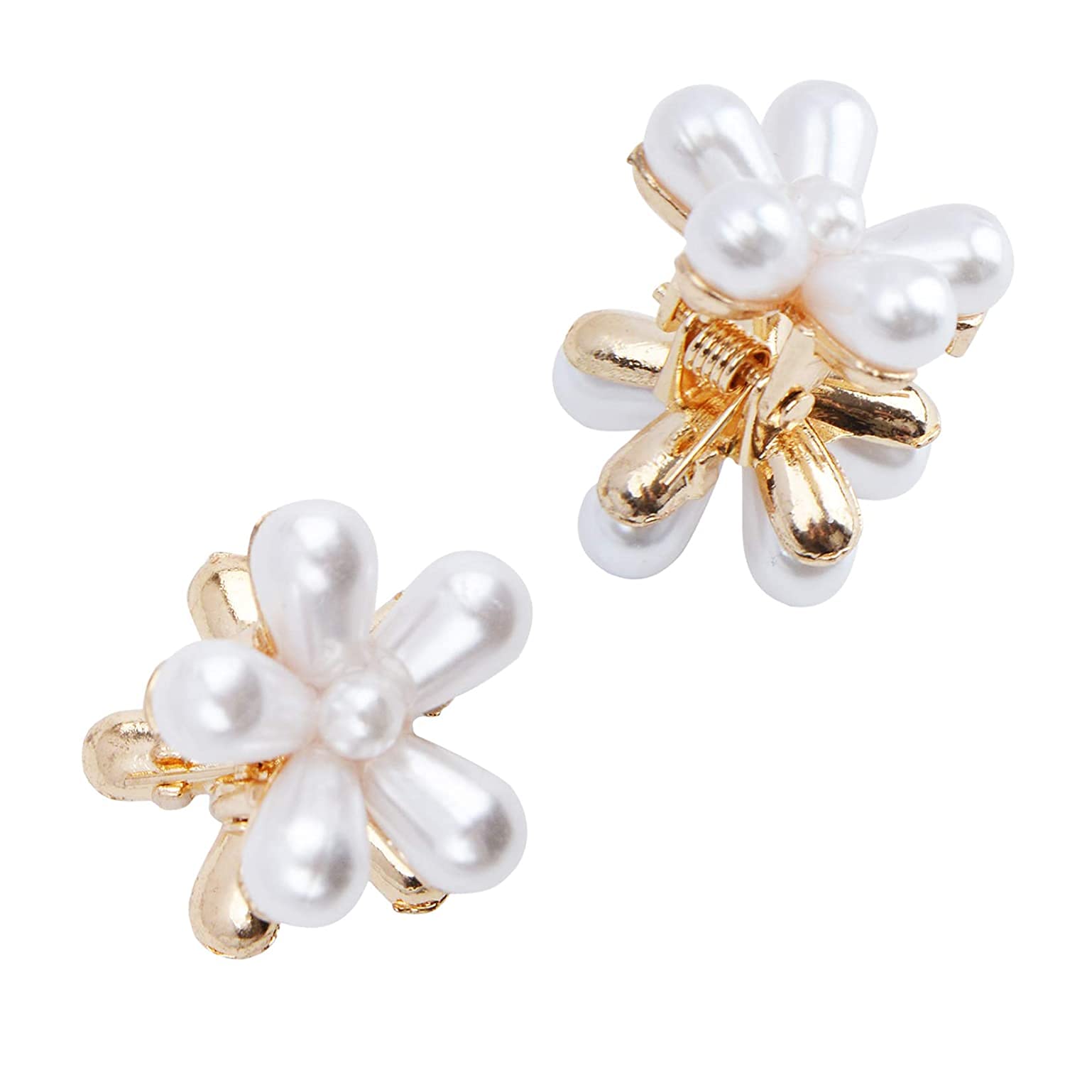DENICRAAS Pearl Flower Hair Claw Clip Set - 2PCS Mini Pearl Hair Clips for Women, Small White Bridal Hair Accessories, Fashion Hair Claw for Wedding, Party & Everyday Use