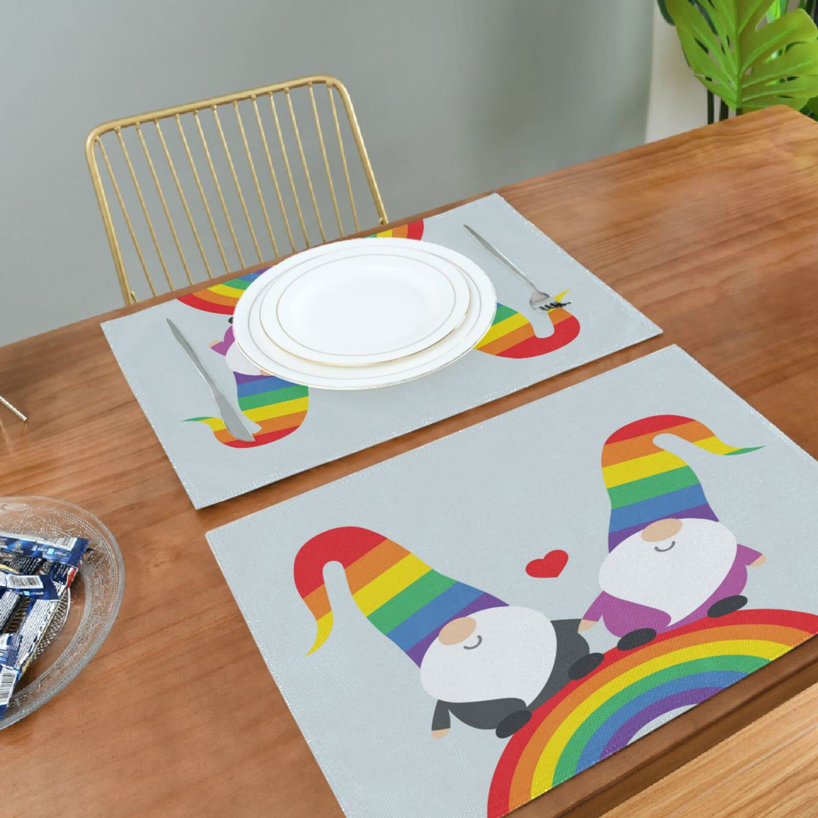 Rainbow Pride Placemats Set of 4 - LGBT Gnome Valentine Themed Washable & Heat Resistant Kitchen Table Mats 12x18 Inch - Perfect for Dining, Parties & LGBTQ+ Celebrations