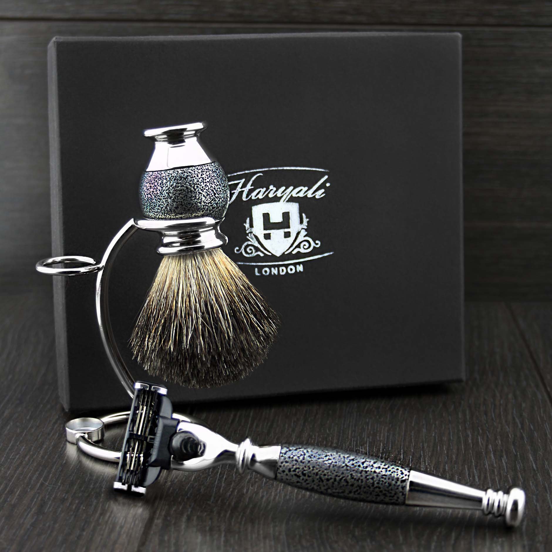 Premium 3-Blade Shaving Razor with Black Badger Hair Brush & Stainless Steel Stand - Complete Men's Grooming Kit for Sensitive Skin - Perfect for Travel, Home Use & Gift Giving